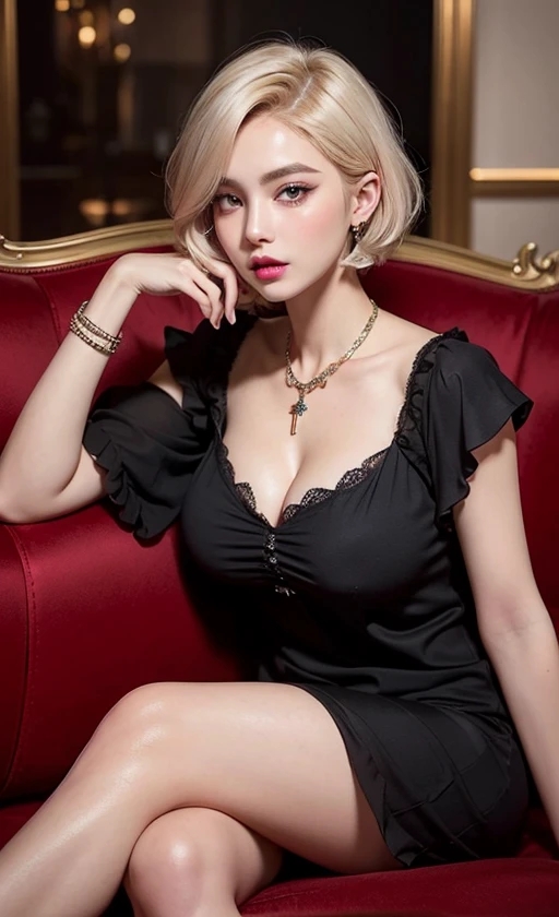 Very short bob of any hair color., Short bob of any hairstyle, RAW photo, photorealistic portrait, (very dark lip gloss), many eyelashes, Luxurious eyeshadow, White skin, Glossy skin, High Quality, high-res, Depth of Field, Chromatic aberration, caustics, (Chinese Models), instagram, necklace, a girl, earrings, bracelets, (((Colossal breasts: 1.3, Round breasts: 1.3)))), (Red and black pajamas), Chic sofa, Break up, Temptation makeup, seductive pose, bewitching look, Looks cruel., Chest up