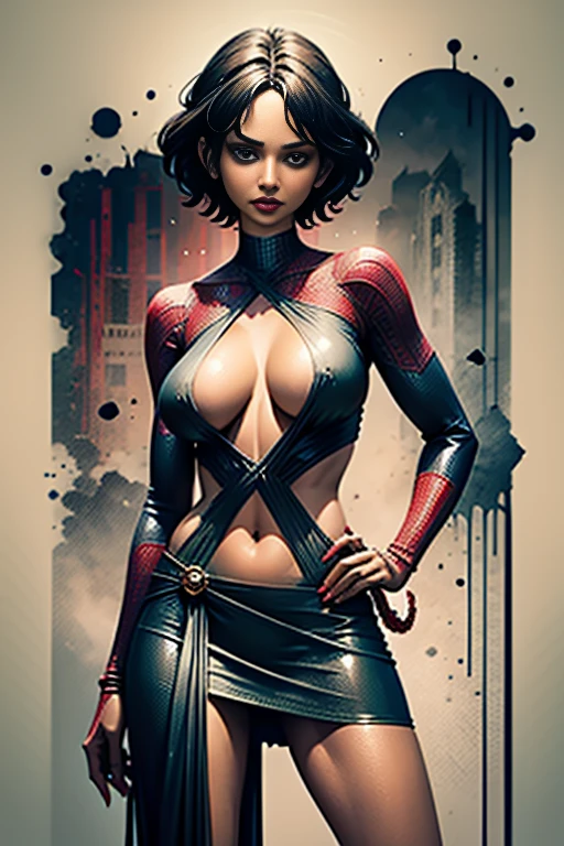 Halle Berry、Sticking out the navel、newyork、She wears a torn Spider-Man suit,wearing skirt、 Red and black color scheme,Dynamic、masterpiece、top-quality、ultra-detailliert、ighly detailed、beautiful detailed brilliance、超A high resolution