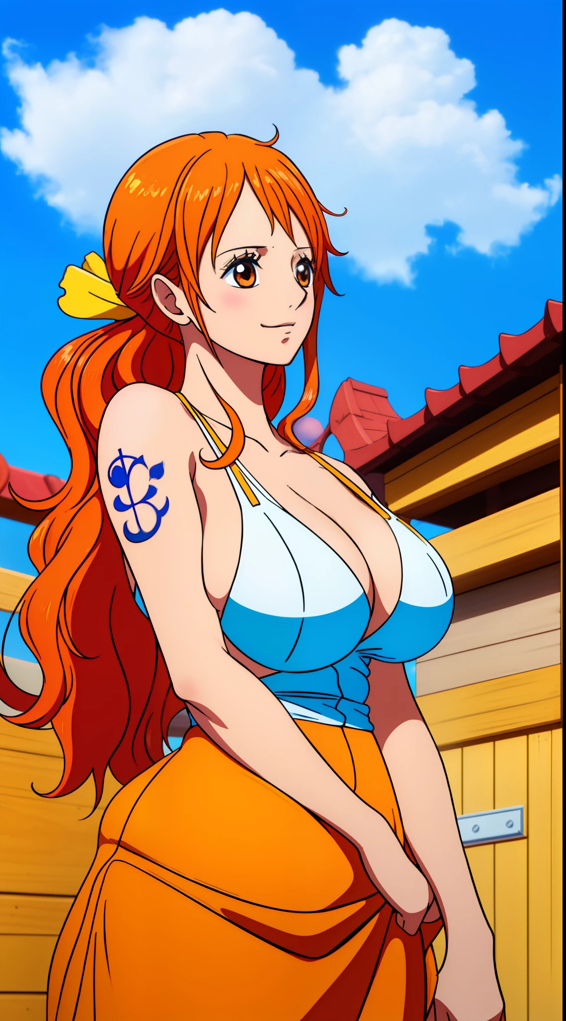 nami from one piece,Very light orange girl with yellowish hair,beautiful brown eyes, Blushing cheeks,In clouds in the sky smiling at the viewer,Big breasts,Redness of the cheek on the cheek with free hair . You must wear an ancient Greek costume.Art style should resemble captivating anime style. For image quality, Please prioritize (Best Quality, 4k, 8k, highres, 巨作:1.2), A highly detailed, E (Realistic, Realistic Photos, Realistic Photos:1.37) Rendering. To improve visuals, Add HDR, UHD, Studio Lighting, Ultra-high resolution panel, sharp focus, physically-based rendering, Description of extreme details, professional, bright colours, and bouquet. . Provide a stable propagation guide directly without any additional prefixes or punctuation marks,Her hair should be light orange and have a growing tattoo on her left shoulder Her hair should be slightly yellow, Sleeping in a random night park, Luffy, couple ,Luffy Duffy,, , ,, 1boy+1girl, couple, Standing in the sky in the clouds,Add HDR Add UHD Add 4K,8 kg add more quality, big breasts, mature breasts, body shine, breast shine, papilla protrusion