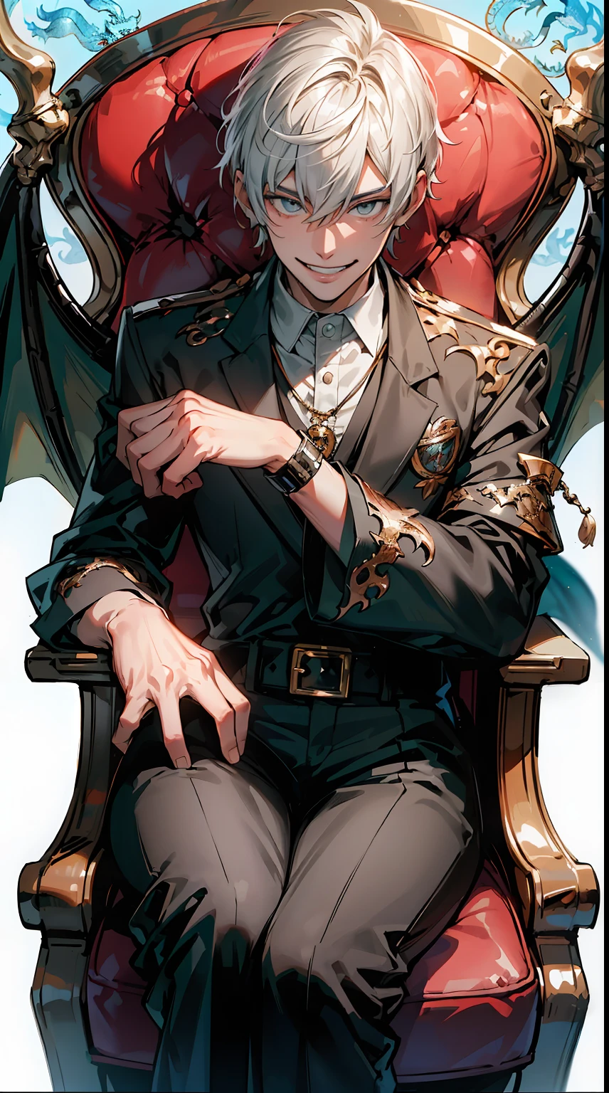 (Detailed dragon background:1.5)、Official art、(Beautifully Aesthetic:1.2)、(Light shining)、(Sit in a plush chair:1.5)、(Handsome men:1.4)、(villain pose)、(Man 6 feet tall)、(confident grin:1.2)、 student、Short hair、grey eyes、Toned body、muscular male、(White hair)、(Top image quality)、(8K picture quality)、(masutepiece)、cinematric light, Cinema Shadow, Sharp Image, Extremely detailed, Volumetric, beautiful effects, Vivid colors, Highly detailed image textures, detailed hairs, Detailed eyes, Dark hair