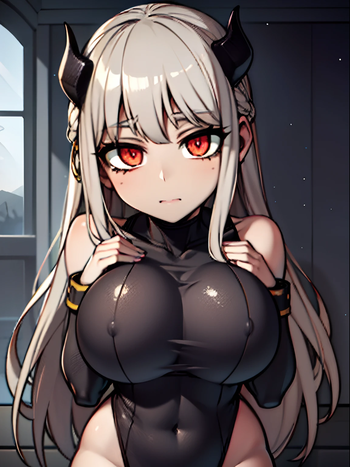 (masterpiece,best quality,ultra-detailed),1girl, large breast, glowing eyes, long hair, beautiful and detailed face, detailed eyes,night,dust particles in the air,((grey theme)),((((dust theme)))),