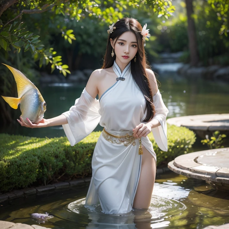 。Fantasy immortal cultivation novel, The girl holding the divine water fish looks exquisite, Expressions contain emotion, Chinese aquarium elements, colours, Translucent, Immortal clothing, There are stripes on the forehead, And there are Chinese beauties in appearance, Huge breasts, Fairy-like, Sensual and alluring, big assa,Long legs,Ancient martial arts live-action CG animation sketch, Long hair, Waist-length skin, Oily and high resolution,Thick thighs,Chinese Wonderland Background 8K Ultra HD Ultra Detailed, High quality textures, intricately details, detaileds, Very detailed CG, High quality shadows, Detail Beautiful delicate face, Detail Beautiful delicate eyes, depth of fields, Ray traching, in her 20s,Mirror fairy in hand,White mist,Golden light,White mist,Outdoors