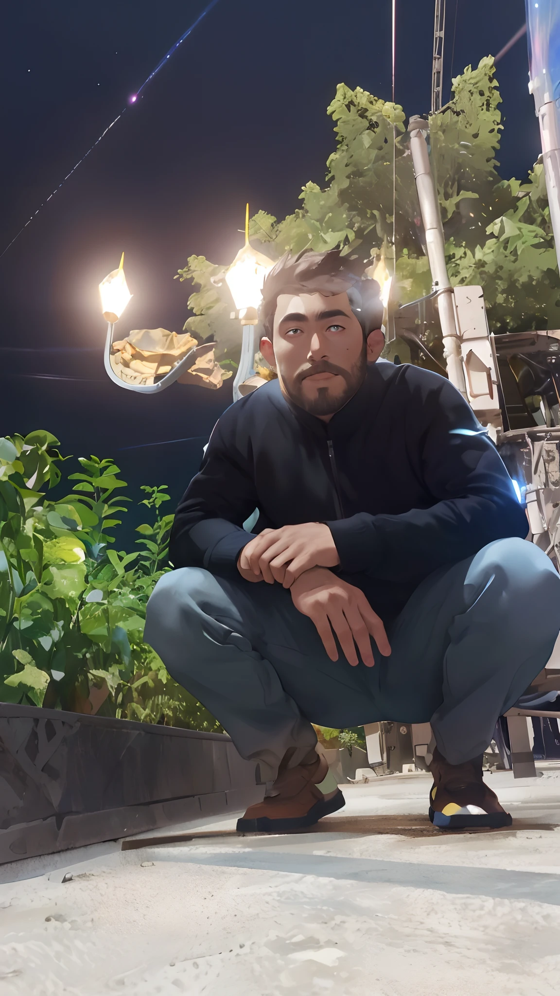 Draw a young programmer, sitting on a research platform floating in the middle of an asteroid belt. He is studying with a notebook, surrounded by several asteroids glowing with fiery auras. Dramatic lighting from distant stars and planets illuminates the scene, casting deep shadows on the suit. The young man looks confident and determined, looking at the vast and mysterious universe with wonder and respect,facial hair, cowboy shot,