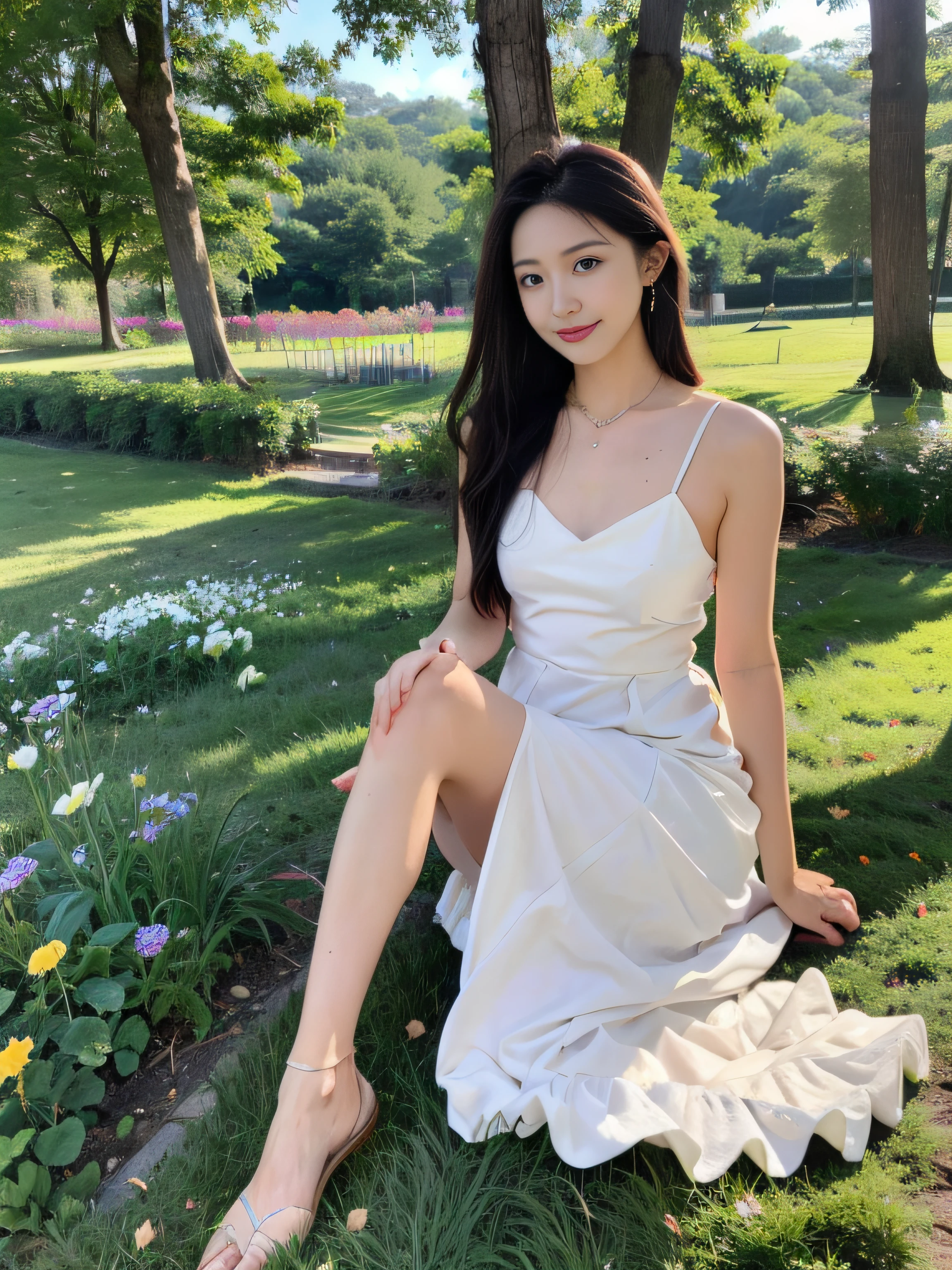 ,masterpiece, best quality,8k, ultra highres,Reallightandshadow,Cinema lenses,(beautidful eyes:1.1), ((中景 the scene is,The upper part of the body)),dynamicposes,On a green meadow,A gentle goddess came with a gentle step。She wore a white dress,A gentle breeze blows,The skirt dances lightly。The sun shines through the leaves on her hair,Reflecting her clear eyes and gentle smile。Colorful butterflies flew around her,Flowers bloomed at her feet,It was as if nature was cheering for her。
