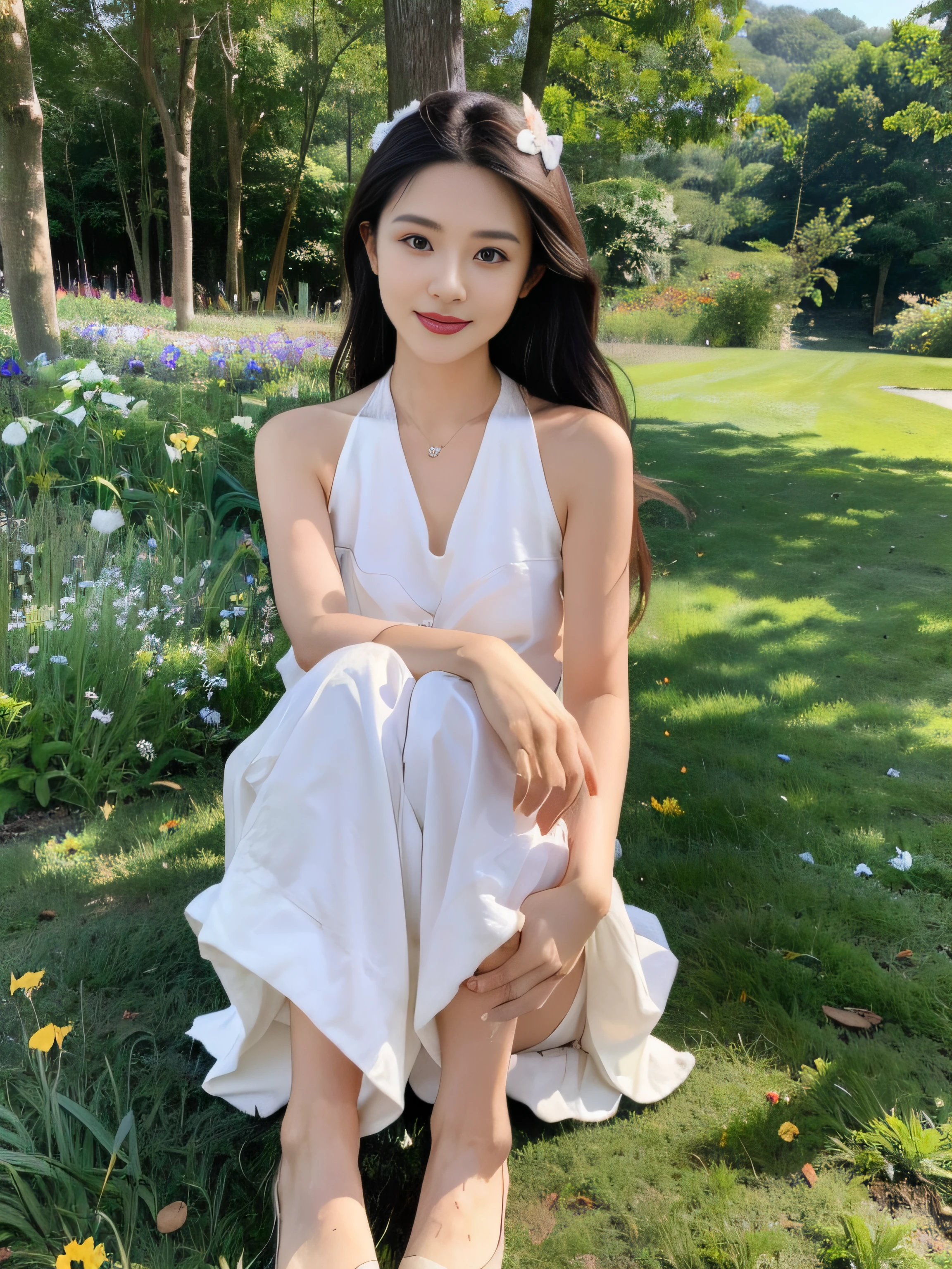 ，masterpiece, best quality，8k, ultra highres，Reallightandshadow，Cinema lenses，(beautidful eyes:1.1)， ((中景 the scene is，The upper part of the body))，dynamicposes，On a green meadow，A gentle goddess came with a gentle step。She wore a white dress，A gentle breeze blows，The skirt dances lightly。The sun shines through the leaves on her hair，Reflecting her clear eyes and gentle smile。Colorful butterflies flew around her，Flowers bloomed at her feet，It was as if nature was cheering for her。