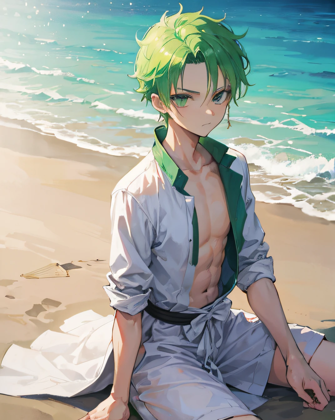 zoro, HD, high res, looking at viewer, high quality, beach,