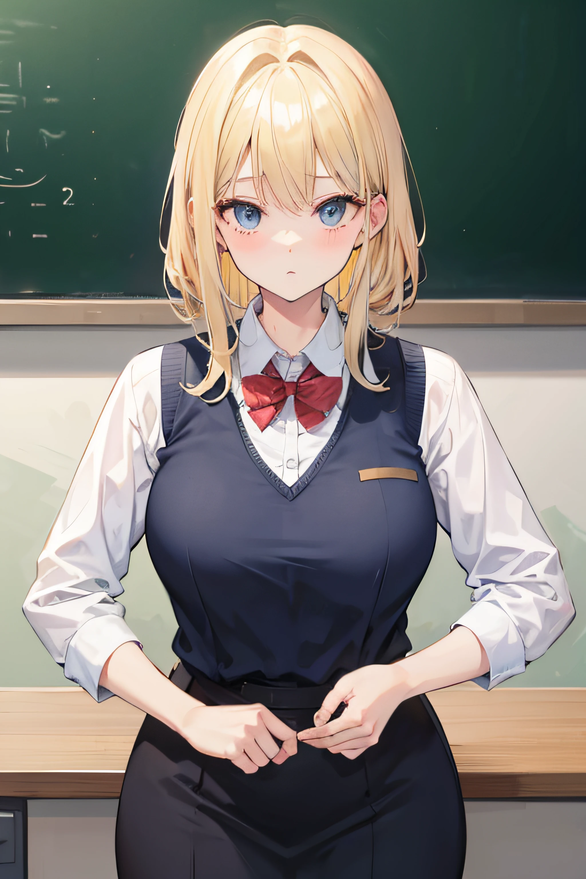 blond hair, one woman, 45 years old, teacher clothes, SFW