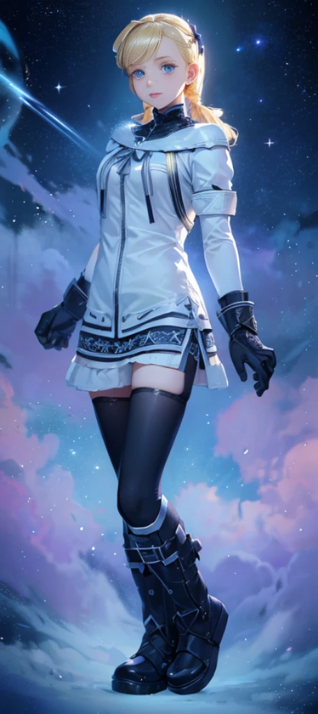 Beautiful paladin girl,Holding a shield,blond hairbl,pigtails,Extremely beautiful,High Balance, Natural light, Lace,black in color,starrysky,Star decoration (Masterpiece, Highest quality),unreal-engine,Standing painting, angle of view,Tulle skirt,ssee-through,Over-the-knee black stockings
