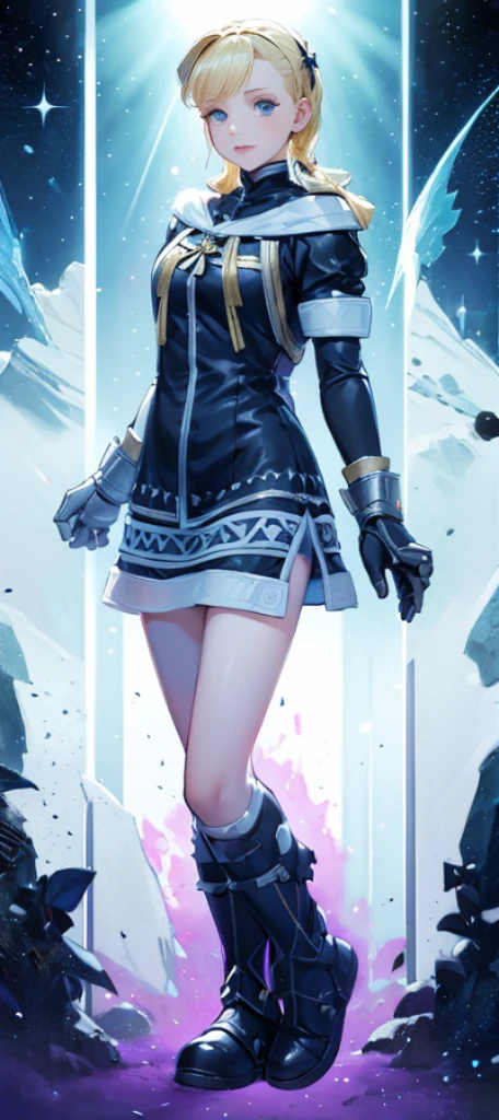 Beautiful paladin girl,Holding a shield,blond hairbl,pigtails,Extremely beautiful,High Balance, Natural light, Lace,black in color,starrysky,Star decoration (Masterpiece, Highest quality),unreal-engine,Standing painting, angle of view,Tulle skirt,ssee-through,Over-the-knee black stockings