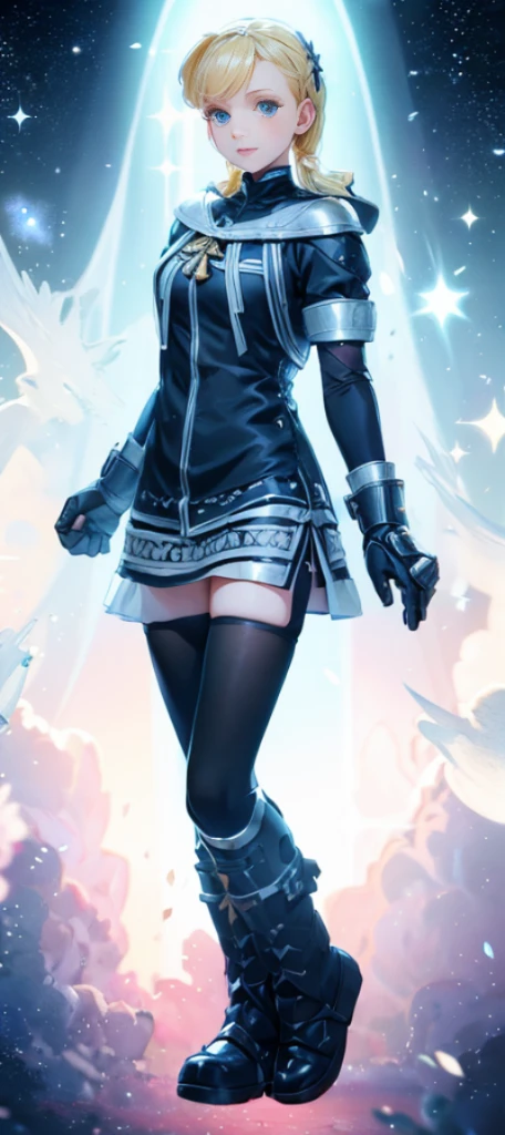 Beautiful paladin girl,Holding a shield,blond hairbl,pigtails,Extremely beautiful,High Balance, Natural light, Lace,black in color,starrysky,Star decoration (Masterpiece, Highest quality),unreal-engine,Standing painting, angle of view,Tulle skirt,ssee-through,Over-the-knee black stockings