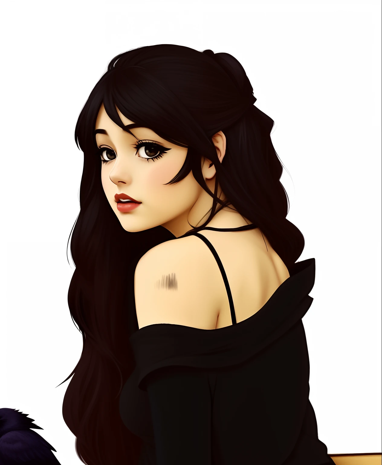 a cartoon of a woman sitting on a bench, halfbody portrait, girl with black hair, half body portrait, 1 7 - year - old anime goth girl, dark - hair, colored sketch, dark-hair, raven black hair, dark hair, she has black hair