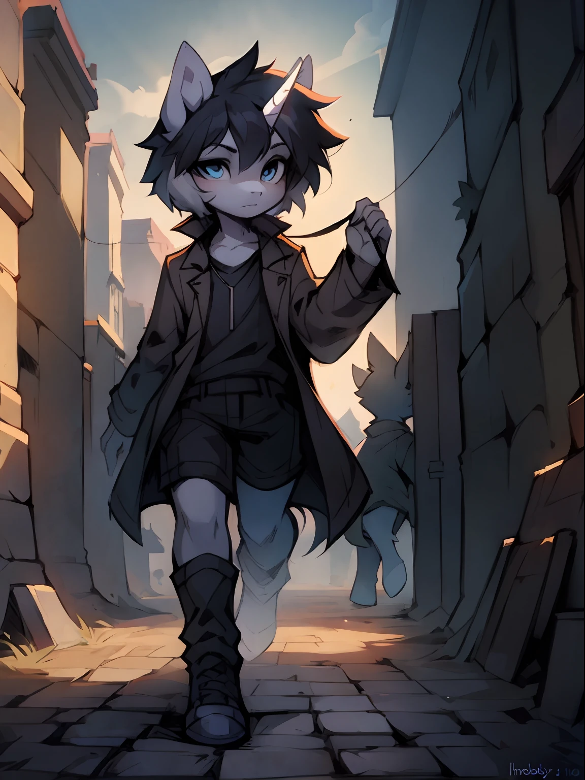 e621(author:lapel:0.4),(By iskra:0.4),(From krokobyaka:0.3),(author:Yuou:0.3),(by Hioshiru:0.3),Lead gray fur,Brunette unicorn, Brick floor,Gray-black trench coat,grey sky,((very beautiful furry art)),stunning detailed,(The main character is a horse girl:1.5),((A unicorn)),My Little Pony,mlp,Friendship is magic,(Tall guy),serious-expression,looking around a corner,High head-to-body ratio,Lead gray fur,Black color hair,blue color eyes,Medium breasts,(Long gray-black trench coat:1.2),black long boots,(amazing background),Brick floor,Stone brick construction,Wallpaper style,(the street),borgar,Oppressive atmosphere,Gray tones