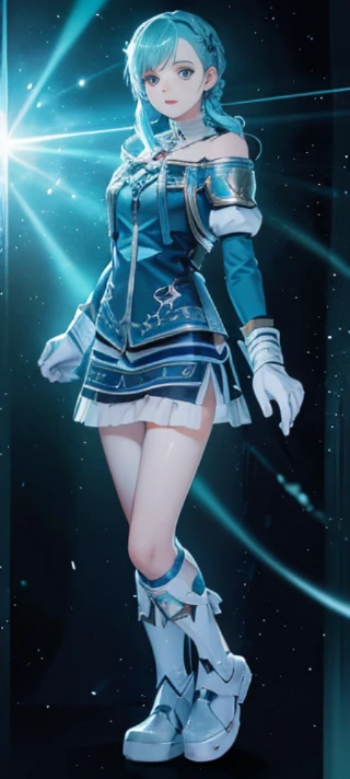 Beautiful paladin girl,Holding a shield,Aqua blue hair,pigtails,Extremely beautiful,High Balance, Natural light, Lace,black in color,starrysky,Star decoration (Masterpiece, Highest quality),unreal-engine,Standing painting, angle of view,Tulle skirt,ssee-through,Over-the-knee black stockings