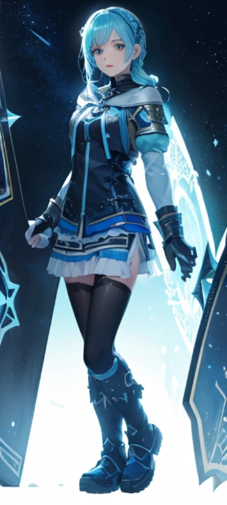 Beautiful paladin girl,Holding a shield,Aqua blue hair,pigtails,Extremely beautiful,High Balance, Natural light, Lace,black in color,starrysky,Star decoration (Masterpiece, Highest quality),unreal-engine,Standing painting, angle of view,Tulle skirt,ssee-through,Over-the-knee black stockings