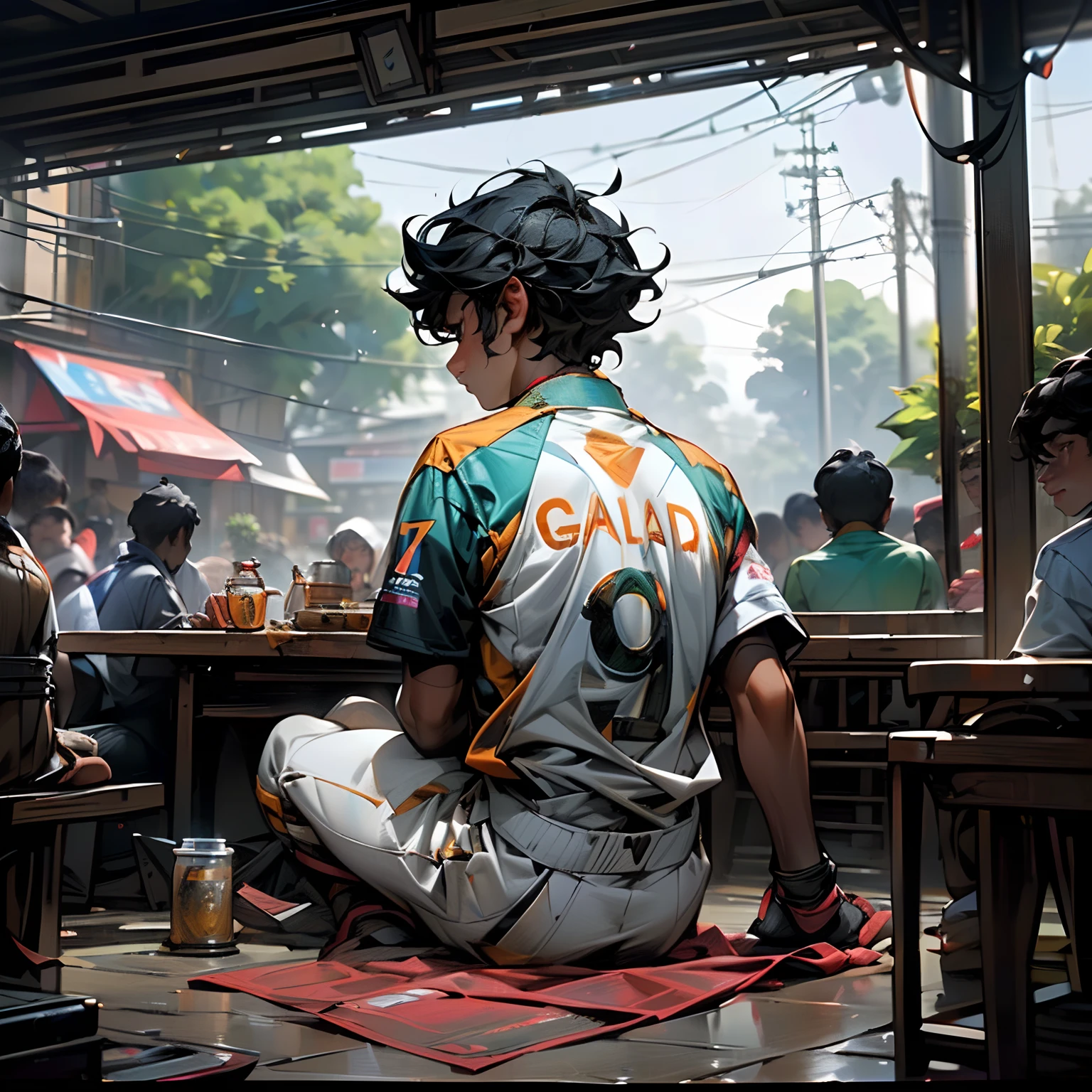 Description for Ai Image: A 17 year old Bangladeshi local boy is sitting in a roadside tea shop with general public watching cricket game on television, and the boy is wearing a Bangladeshi cricket jersey and watching television, the boy's name is "Sharif" the boy's name is written on the back of the jersey.