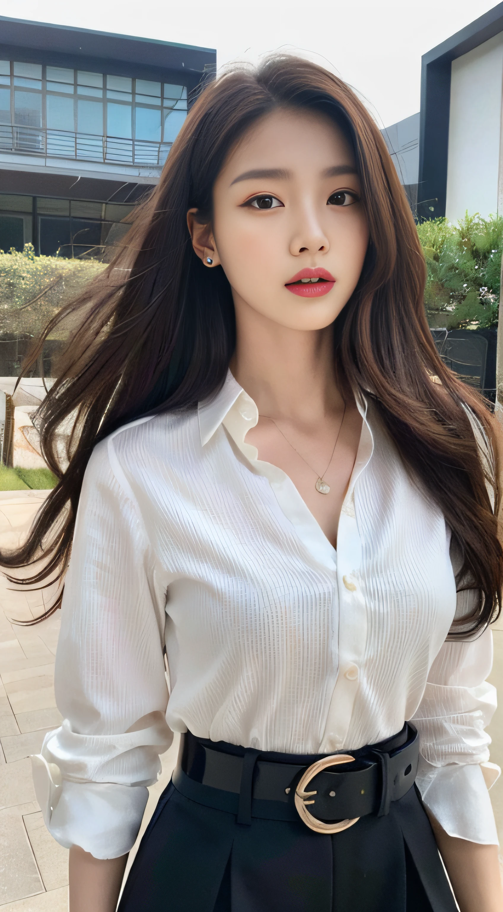 (Best quality, High resolution, Masterpiece :1.3), A tall and pretty woman, Slender abs, Dark brown hair styled in loose waves, Breasts, Wearing pendant, White button up shirt, Belt, Black skirt, (Modern architecture in background), Details exquisitely rendered in the face and skin texture, Detailed eyes, Double eyelid