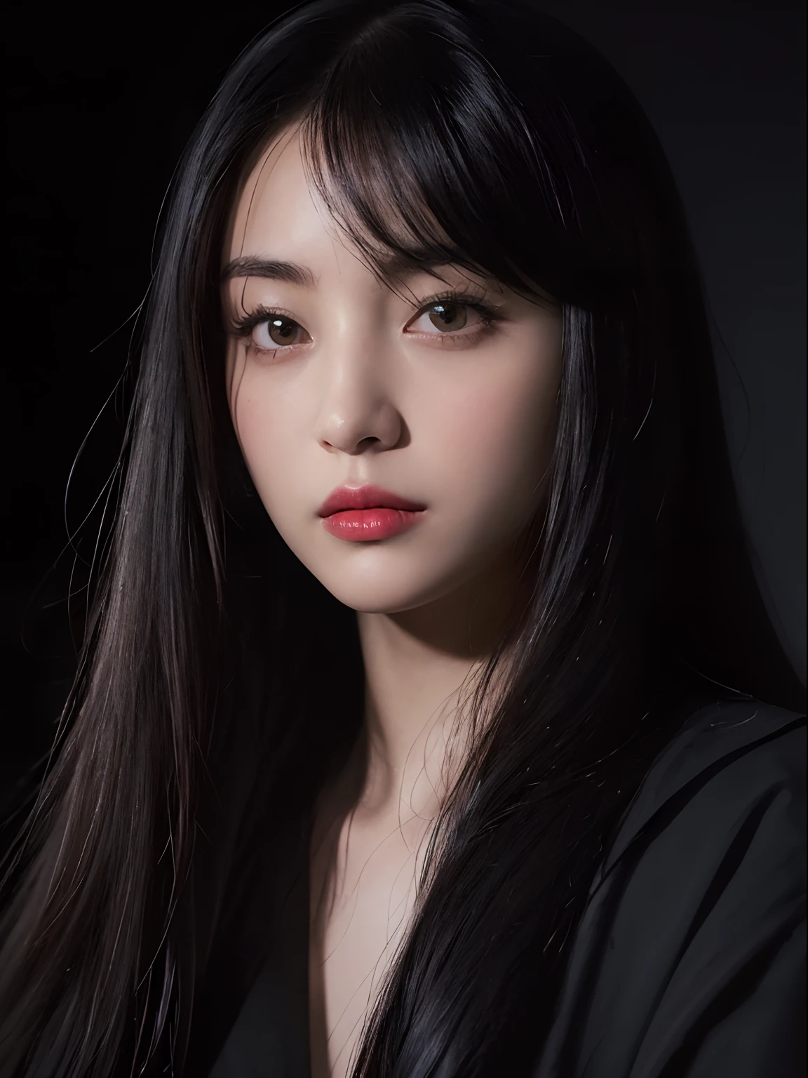 (in the dark:1.6), Hyperrealist portrait of female by david hockney and alphonse mucha,japanese woman,25-year-old,clothing black dress, photo realistic, dynamic lighting, volumetric lighting, very detailed faces, 4 k, award winning, 1girl, in the dark, deep shadow, low key, (official clothing:1.4), long hair,red lips,