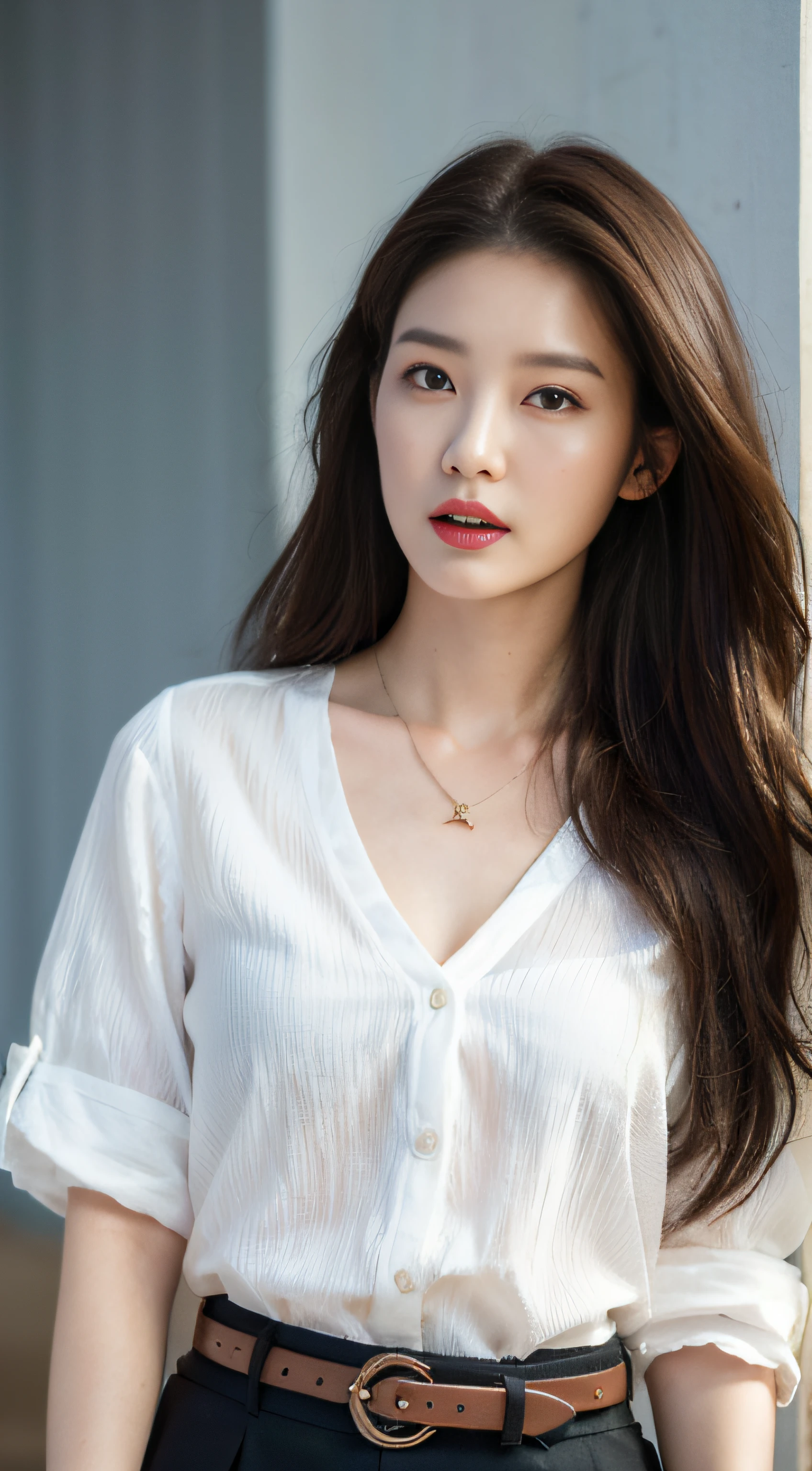 (Best quality, High resolution, Masterpiece :1.3), A tall and pretty woman, Slender abs, Dark brown hair styled in loose waves, Breasts, Wearing pendant, White button up shirt, Belt, Black skirt, (Modern architecture in background), Details exquisitely rendered in the face and skin texture, Detailed eyes, Double eyelid