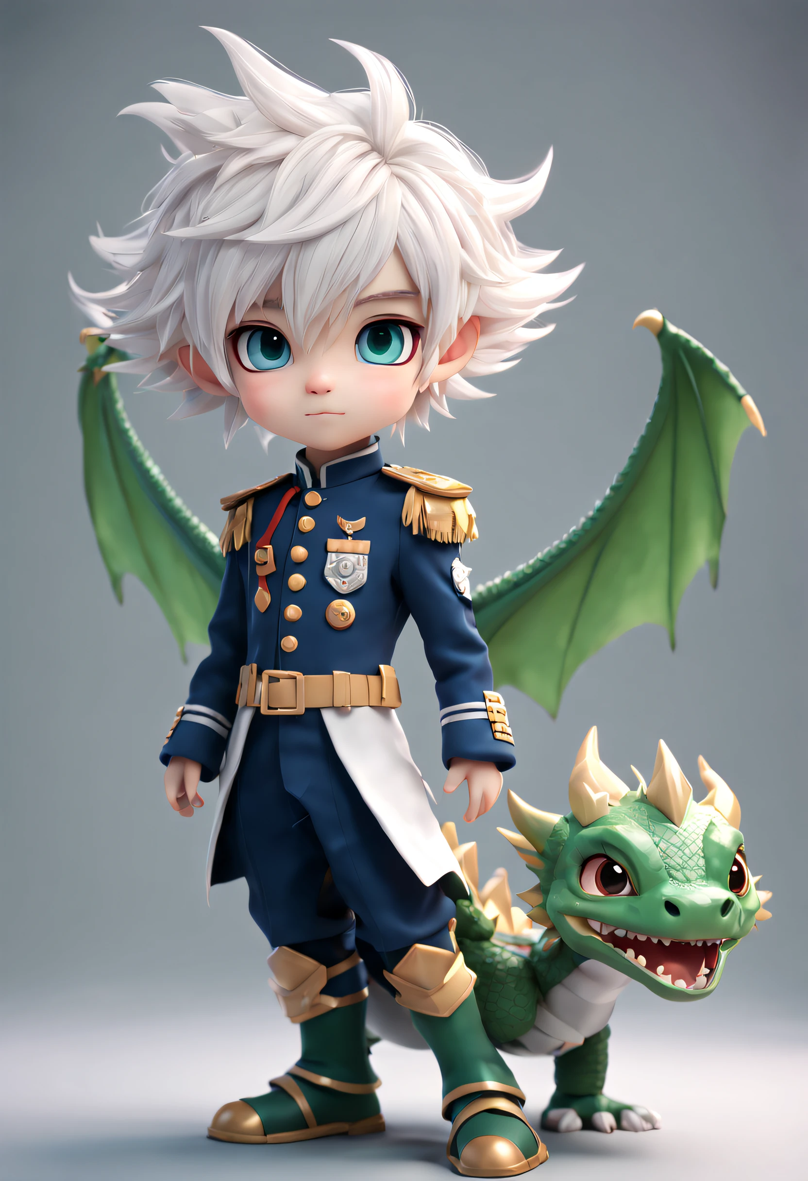 Full body, full view, a cute dragon boy with white
hair, uniform, big eyes, simple background, best
quality, chibi, c4d, blender, 3d, octane rendering,
transparent material, movie soft light