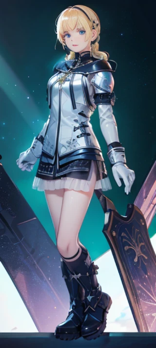 Beautiful paladin girl,Holding a shield,blond hairbl,pigtails,Extremely beautiful,High Balance, Natural light, Lace,black in color,starrysky,Star decoration (Masterpiece, Highest quality),unreal-engine,Standing painting, angle of view,Tulle skirt,ssee-through,Over-the-knee black stockings,Transparent tulle clothes