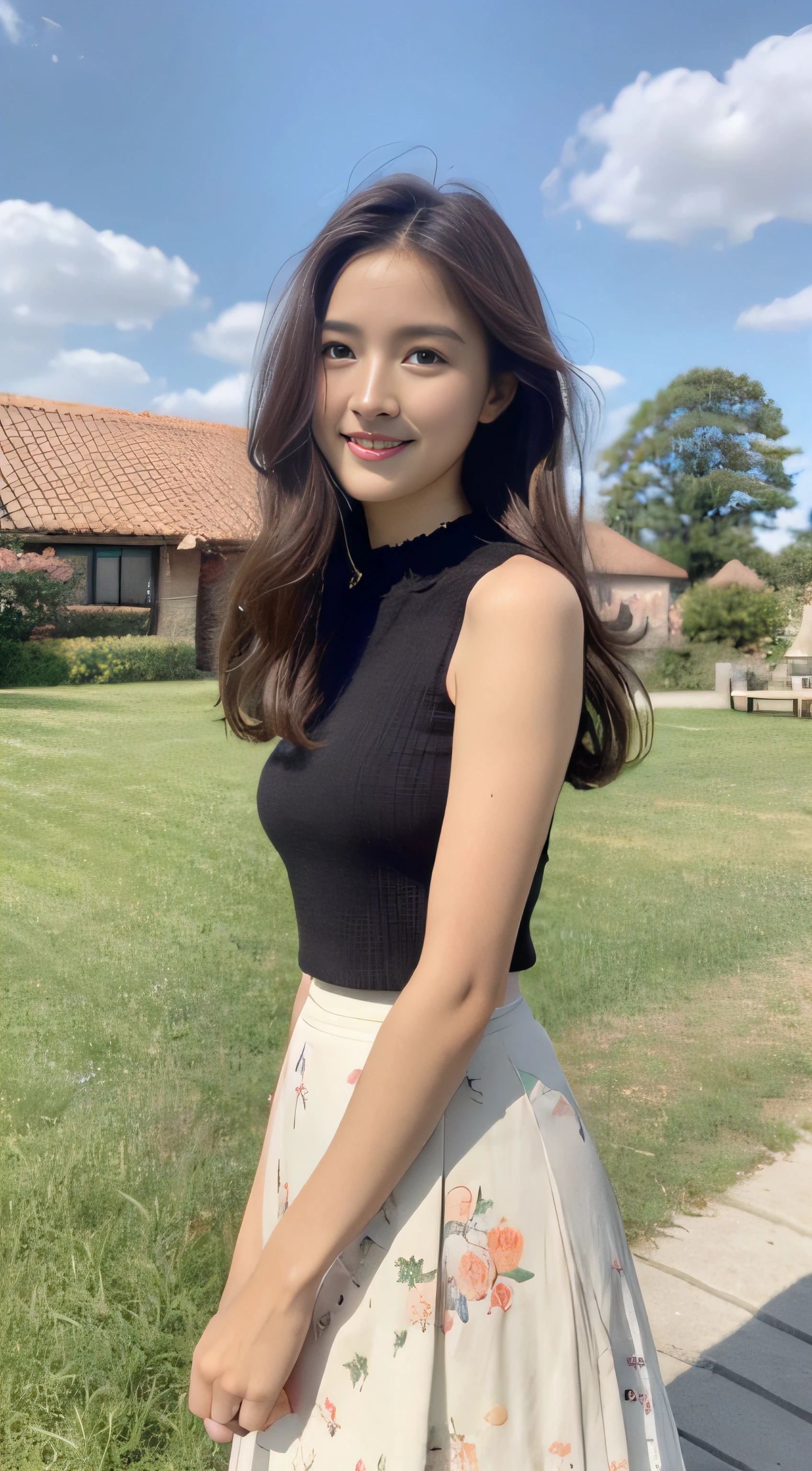 ((Best Quality, 8K, Masterpiece: 1.3)), Focus: 1.2, Girl, Motorcycle Pilot, Perfect S-Shaped Body, (Firm Eyes) (Cute), Delicate Face, Long Hair Waist Length, Long Hair Flowing, Head Tilted, Smile, Hair Details, Delicate Full Body Portrayal, Delicate Face Portrayal, Best Image Quality, High Resolution, Detailed Background, Delicate Characterization, Delicate Details, Rich Details, Face Enhancement, (Black Short Top, Floral Midi Skirt), Blue Sky and White Clouds, Flowers, Wooden House, There are no bags under the eyes