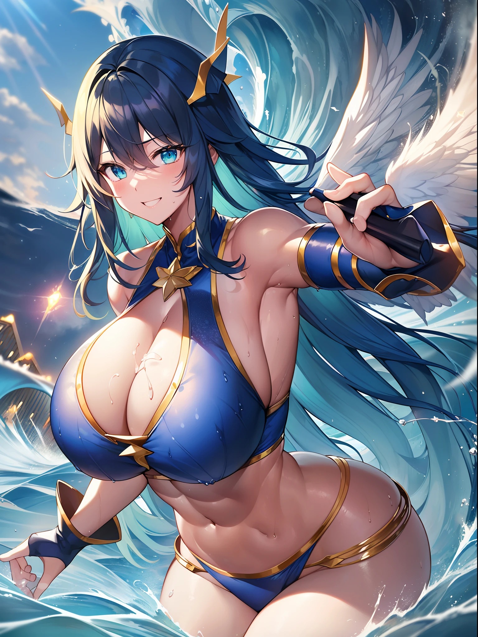 Outrageous resolution、masutepiece++,top-quality++,ultra-defined++, ultra-defined++,4K++,8K++,(Background Focus)++, Highly detailed, Viewer's Perspective、（（Tsunami））++、((１Man))++, ((An angel wearing a tsunami of one in a fighting posture)), ((((Angel in a Tsunami of Battle Mania))))++++,（Angel in a Tsunami）、((Green wings dressed in tsunami))++, (((Wearing a gorgeous blue cloth)))+++,(((Glowing blue)))++++,（Luxurious bangles）、((Smile of Charity))+ +,((Plush ankle rings)) ++, (Thimble gloves) +,（a smile）、(Blue hair)、（Hair like a mane）、（The long-haired）、(Super shiny hair and skin), (Sunlight),((Beautiful)),(Huge breasts_Body: 1.5),(Huge breasts:1.5), Muscular girl with clearly visible abs and muscles, Sweaty body, cleavage, Dynamism, (Abs cleansing and shaving, Muscle muscle thighs) +, A lively smile, Perfect eyes, Perfect hands, Perfect nose, Magic Battle Dark, Bright atmosphere, (wet effect) +, (light effect), (Cinematic Light) + , (Like a movie of light) +