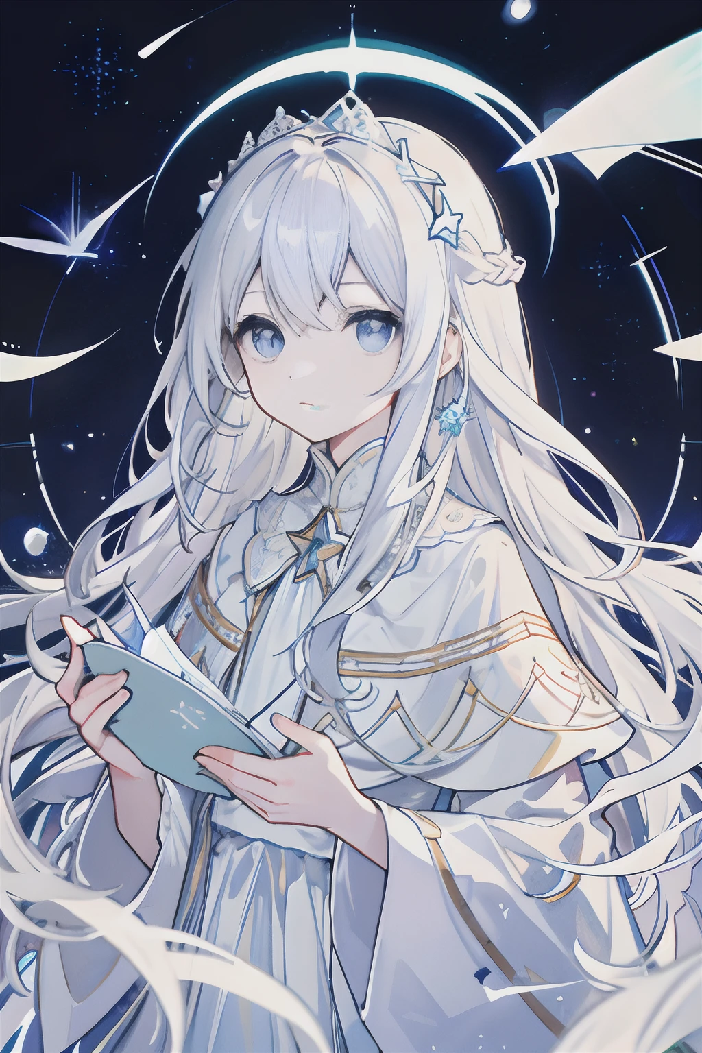 Long pale white slightly curly hair，Light blue eyes，As estrelas，Delicate hair accessories，starrysky，Study room