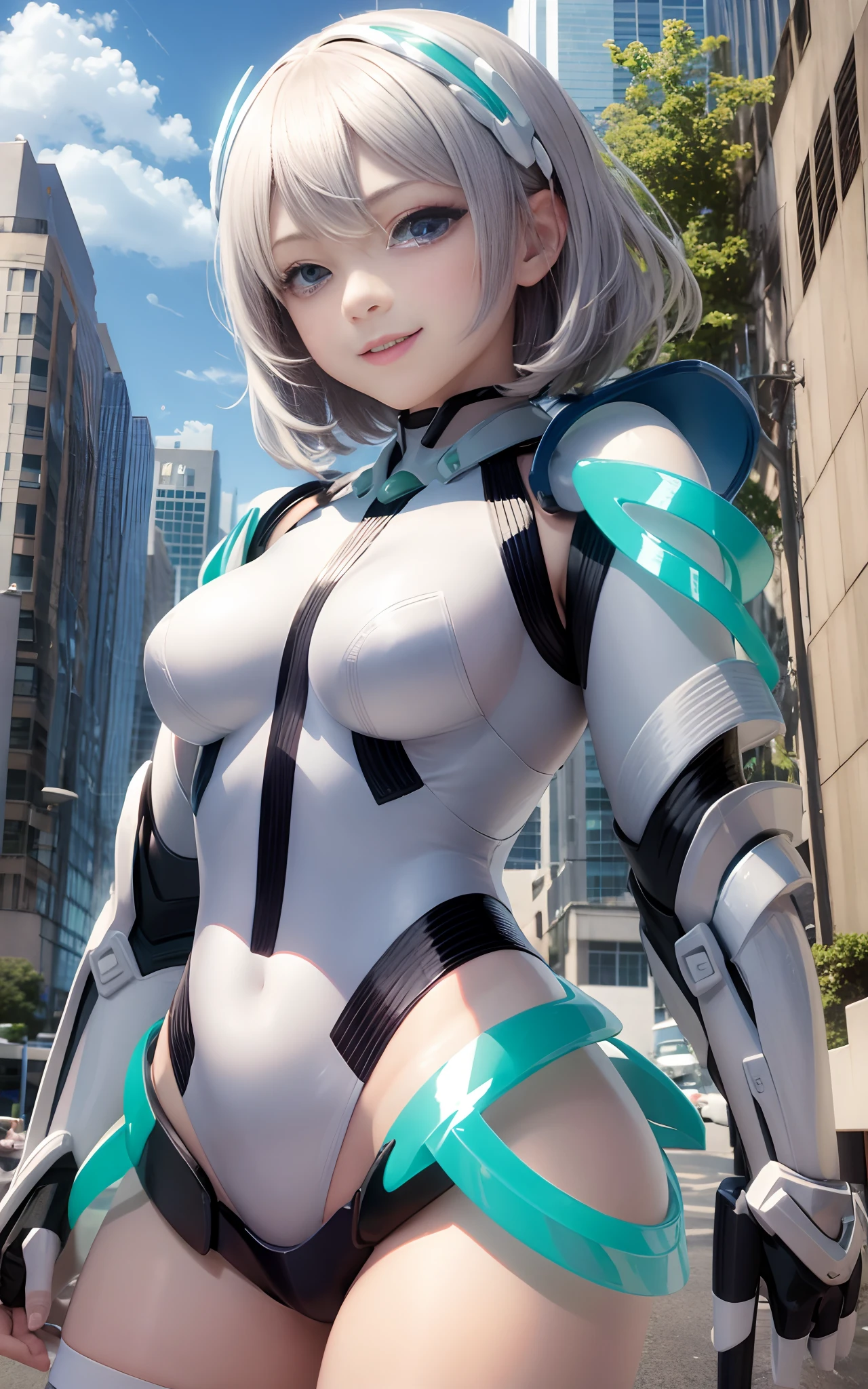 lightsmile, deva battle suit, Outdoors, Silver hair, bobhair, Blue eyes, waist shot