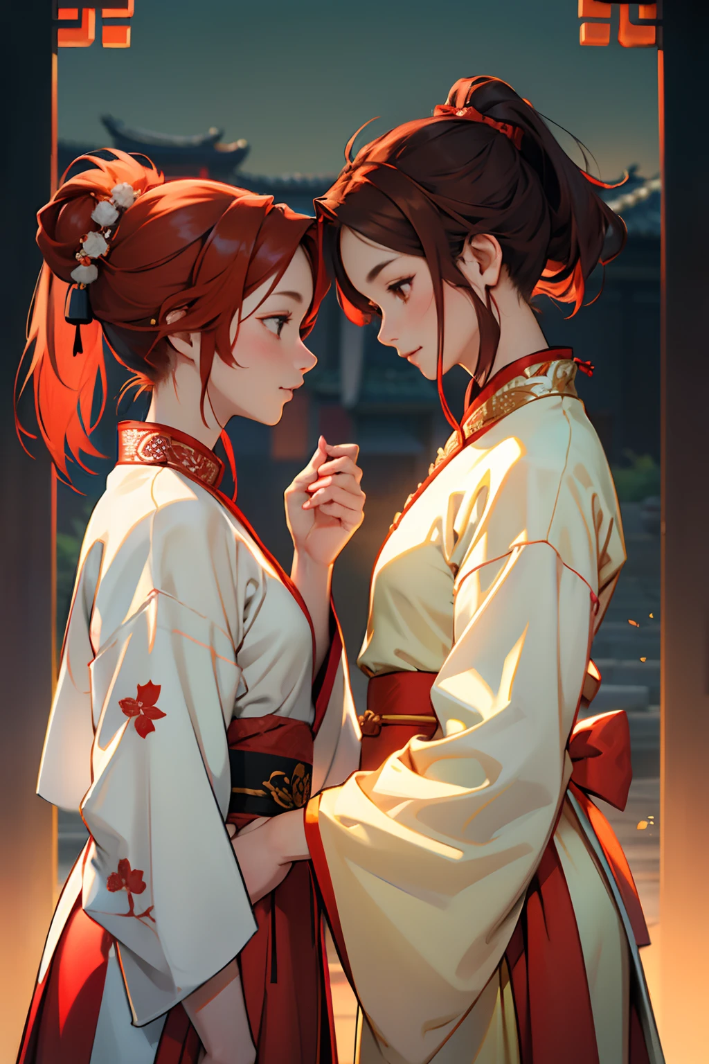 high quality, 4k, two girls as lover, hanfu, white and orange hanfu, red clothes, red hair girl, brown hair girl , ponytail hairstyle ,flat background, gentle expression, looking lovingly at each other, chinese pattern background, sun theme, wuxia, front lighting