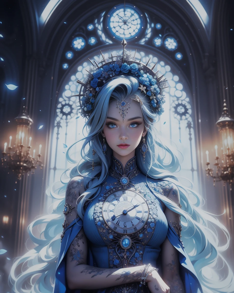 A single, vibrant blue rose, encircled in a perfect circle, delicately placed on a clock face with intricate silver hands, against a pristine white backdrop.