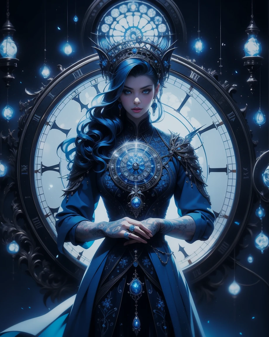 A single, vibrant blue rose, encircled in a perfect circle, delicately placed on a clock face with intricate silver hands, against a pristine white backdrop.