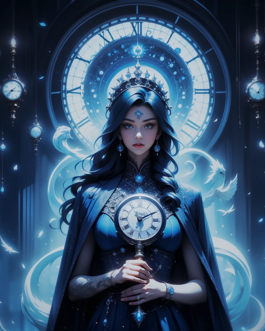 A single, vibrant blue rose, encircled in a perfect circle, delicately placed on a clock face with intricate silver hands, against a pristine white backdrop.
