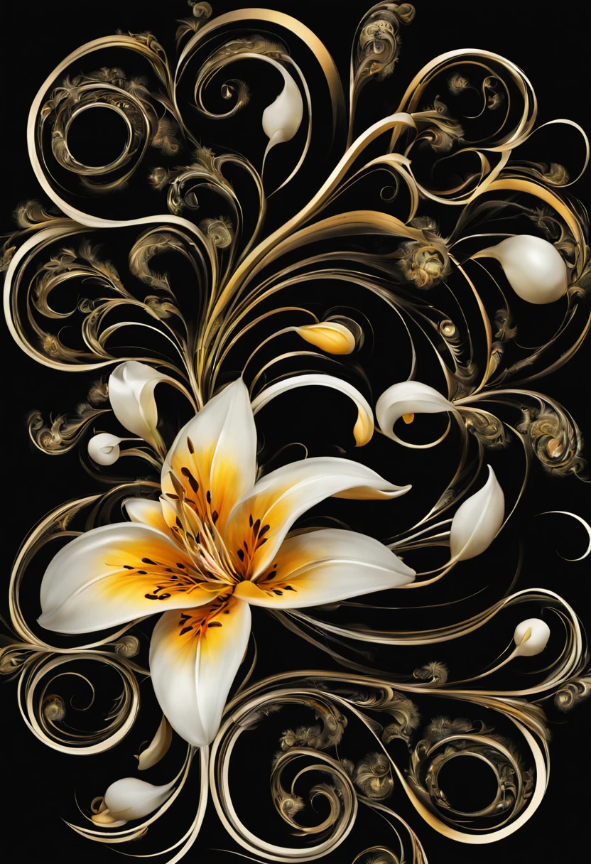 Fractalized Lily on a black backdrop, swirls and circles, fabonacci fractal patterned leaves and petals, intricately detailed picture.