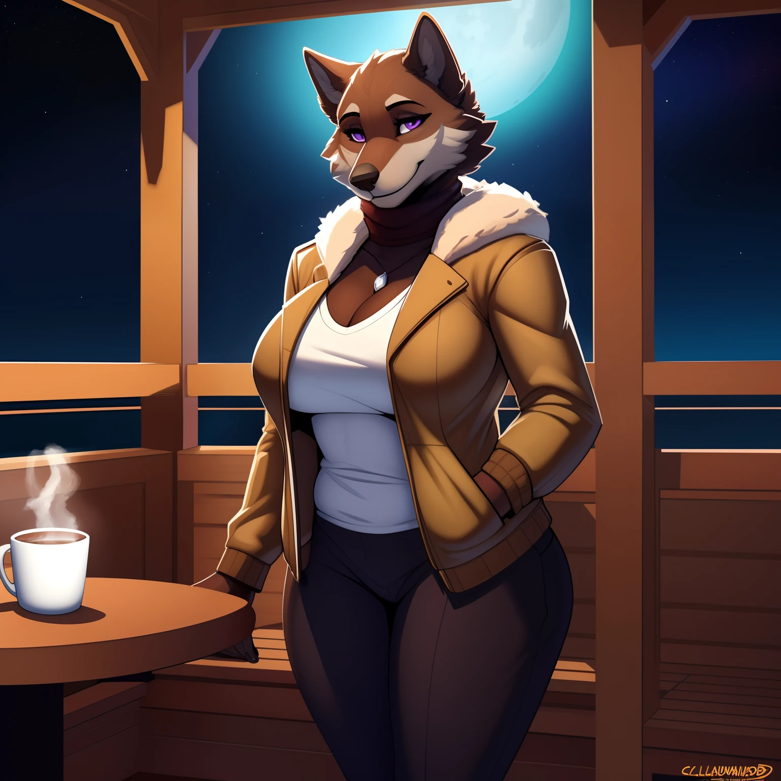 Athletic_Mature_timberwolf female brown_furry_body purple_eyes milf very_fluffy large_breasts fur_trimmed_jacket pants solo Masterpiece best_quality absurdres highly_detailed cleanly_drawn_eyes anthro_only embarrassed_smile by_claweddrip, by_greasymojo, by_underscore-b, by_runawaystride wedding_ring holding_steaming_coffee_cup back_porch starry_sky snow