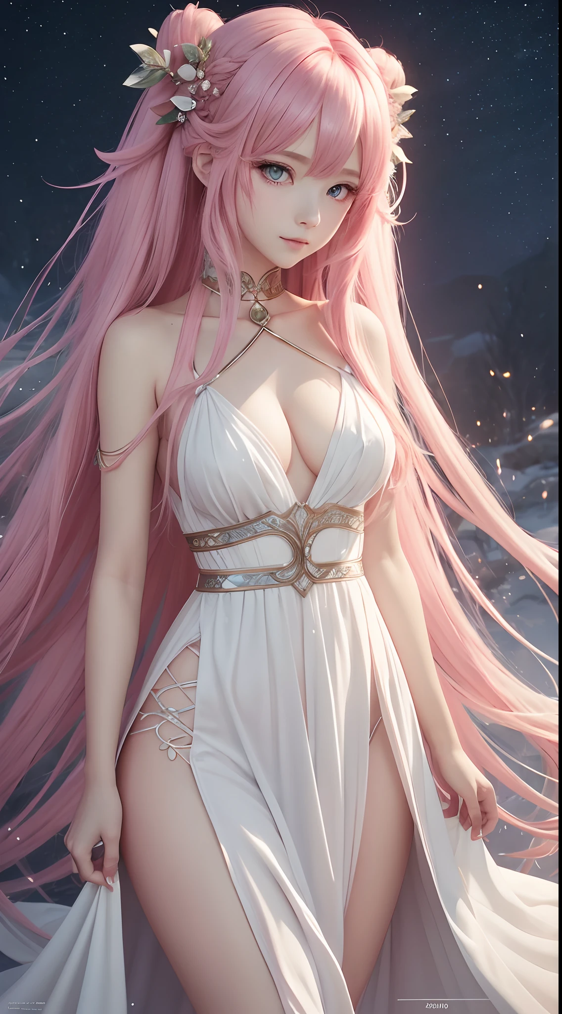 Close-up of a girl with long pink hair and a dress, beautiful and seductive anime woman, Beautiful anime woman, beautiful fantasy anime, Anime girl with long hair, long glowing ethereal hair, 2. 5 D CGI anime fantasy artwork, Beautiful anime girl, Anime fantasy artwork, Fantasy art style, beautiful fantasy art, Beautiful anime artwork, Anime fantasy illustration,Ethereal Fantasy Concept Art of 1 girl, 独奏, long whitr hair,Look at the viewer, shift dresses, Animal ear, exposed bare shoulders, jewely, Extra-long hair, with pink hair, whaite hair, colorfulhair, 耳Nipple Ring, white dresses, Strapless, Gradient hair, Bandeau Dress . snowflower,at winter season,borgar,ssmile,largeeyes,magnificent, celestial, ethereal, painterly, epic, majestic, magical, fantasy art, cover art, dreamy