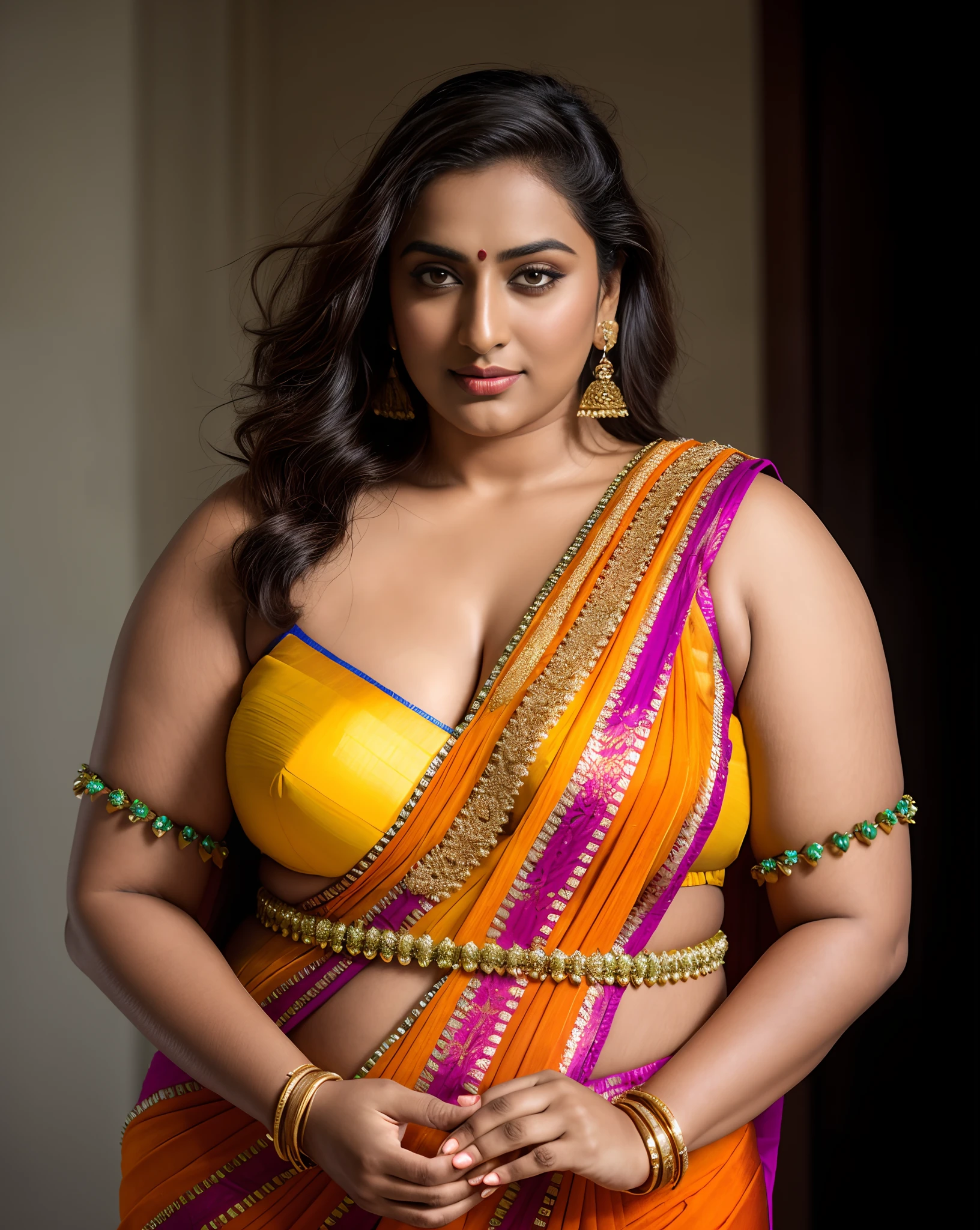 Foto RAW, photorealistic, photography, full body shot, master shot, goddess like beauty, perfect thick chubby mallu Desi aunty bhabhi, Wearing a Stanapatta, a chest-band.Saree model, model Photography, Indian saree shoot, Indian traditional wear advertising photography, traditional wear brand shoot, face of Indian actress Sonakshi Sinha, masterpiece, realistic, realism, incredible details, sensual pleasure, photorealism, detailed skin, skin pores, high contrast, photorealistic Artstation 8k HD digital art trend of high definition and detailed realistic skin texture, ultra detail, realistic skin texture, armature, best quality, ultra high definition, (photorealistic:1.4),, high resolution, detail, raw photo, Re sharp, by Lee Jefferies Nikon D850 Film Stock Photo 4 Kodak Portra 400 Camera F1.6 Lens Rich Color Ultra Real Realistic Realistic Textures Dramatic Lighting Unreal Engine Trending at Art Station Cinestill 800,(pele altamente detalhada: 1.2), 8k UHD, DSLR, soft-lighting, alta qualidade, grain of film, Fujifilm XT3,she didn't like to wear blouse or bra, she is happy to wear only saree, she hates blouse or bra,