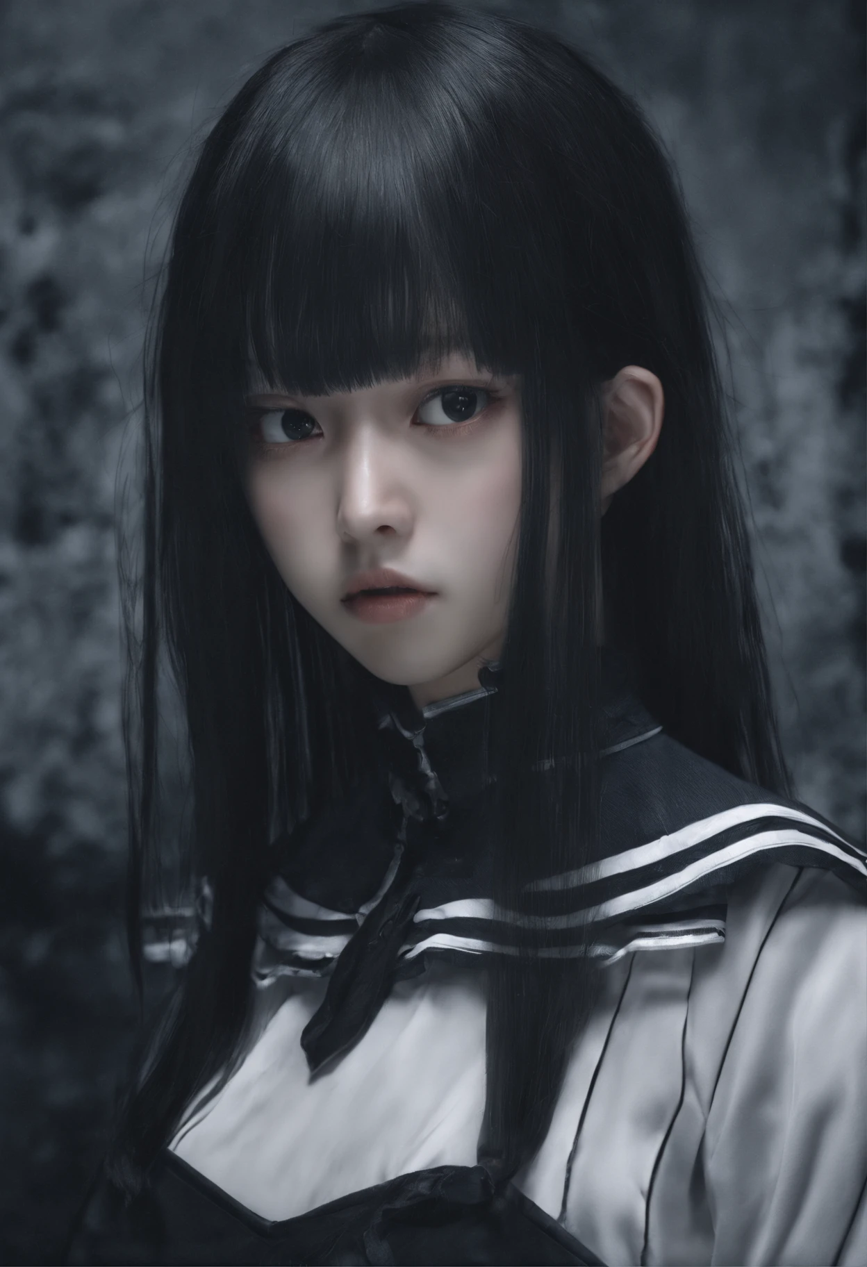 ((Japan 18-year-old woman、long neck))、(8K、top-quality、​masterpiece:1.2)、(realisitic、Photorealsitic:1.37)、ultra-detailliert、top-quality、超A high resolution、professionally lit、Photon mapping、Radio City、physically-based renderingt、Cinematic lighting、depth of fields,Focusing,女の子1人,(full body Esbian),(Keep your mouth shut),Beautiful eyes,the pose,Constriction,(ulzzang-6500:1.2) mix4, hiqcgbody (Sailor Uniform,Black High Socks)、Night Road:1.2、Highly detailed facial and skin texture、A detailed eye、二重まぶた、Narrow-eyed、