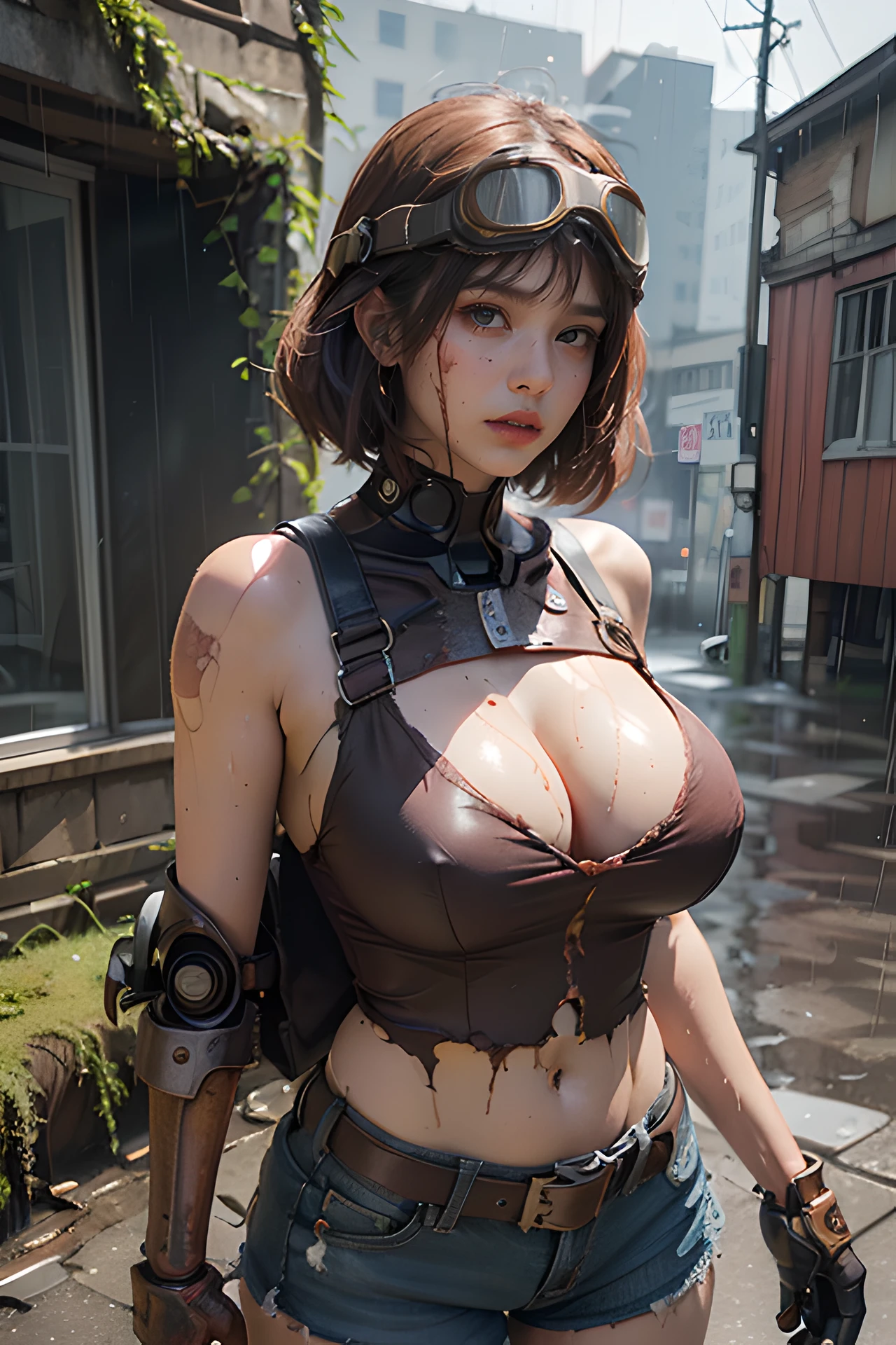 (Ultra-detailed, 8K, Raw photo, Best Quality, masutepiece:1.2), high-definition RAW color photography, professional photograpy, , ((wet body)),(upper body:1.4) (Realistic, photographrealistic:1.37), (finerly detailed face:1.2),((dark theme)),(((midnight))), (masutepiece:1.5), (Best Quality:1.2),(dark_skin), ((slender)),looking at viewer, (Narrow waist), muscular, (huge breasts:1.3), (1 half mechanical girl),(Solo), (Short Bob Multicolor Hair) ,(dieselpunk:1.5),action,(Metal prosthesis:1.4), (Rusty Robotic Arm:1.5),(Navel), (Glowing metal parts:1.4),(Fine scratches on the surface:1.4),(Contrasty:1.2),(Weathering:1.4),(Aging:1.6), (zettai ryouiki:1.5), (Very short leather vest),(Ripped_Short_Shorts:1.3),(Ripped_leather tank top:1.3),( Line:1.5)(Abs:1.25),cleavage,
Wearing ((Rusted and damaged helmet with goggles:1.4)), Looking away, Damaged combat uniform, Damage to the flight jacket, Leather damage during wear, eye wear, (All the joints of the android's body are made of gears.),(Lots of ruins:1.3),(decline, Overgrown with ivy,A half-destroyed building overgrown with mossy broken window glass:1.2),(Drip the oil, 3 Dirt on the floor),(Lots of waste:1.2),(Rusty, broken, old machinery and vehicles), (Heavy_Rain:1.4),(((Midnight,darkness))),
panoramic photo, Wide-angle view, Immersive landscapes, Stunning views, Vast Scene, Visual depth, breathtaking perspectives,