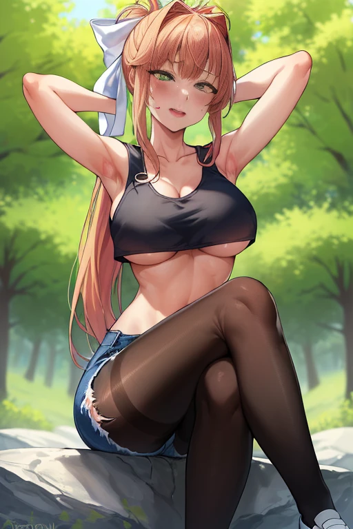 full body, full pose, 2d, masterpiece, best quality, anime, highly detailed, cowboy shot, 1girl, solo, monika, green eyes, very long hair, ponytail, ((white tank)), slim body, perfect body, ((blue short jeans)), ((underboob)) ((white ribbon)) medium cleavage, ((sitting on rock), park and trees background, hands behind head, armpits, ((Ahegao face)), blushing, panting, crossed legs, ((black pantyhose)), black school shoes, looking at viever. viev from down.