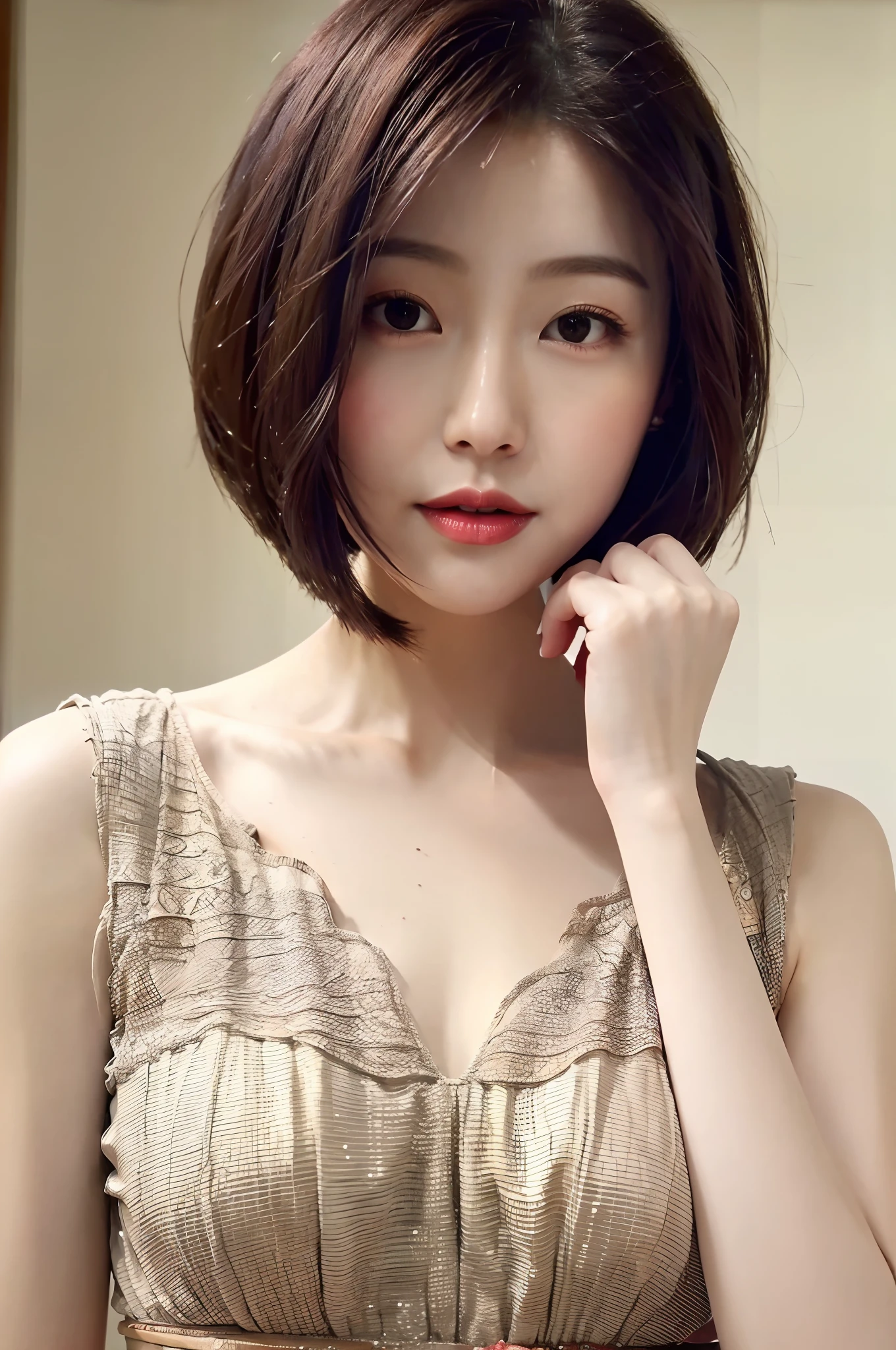 best quality, masterpiece, high resolution, 1girl, beautiful and perfect face, bob cut, maxi dress, intricate detailed, cinematic feel, 8k, extremely detailed