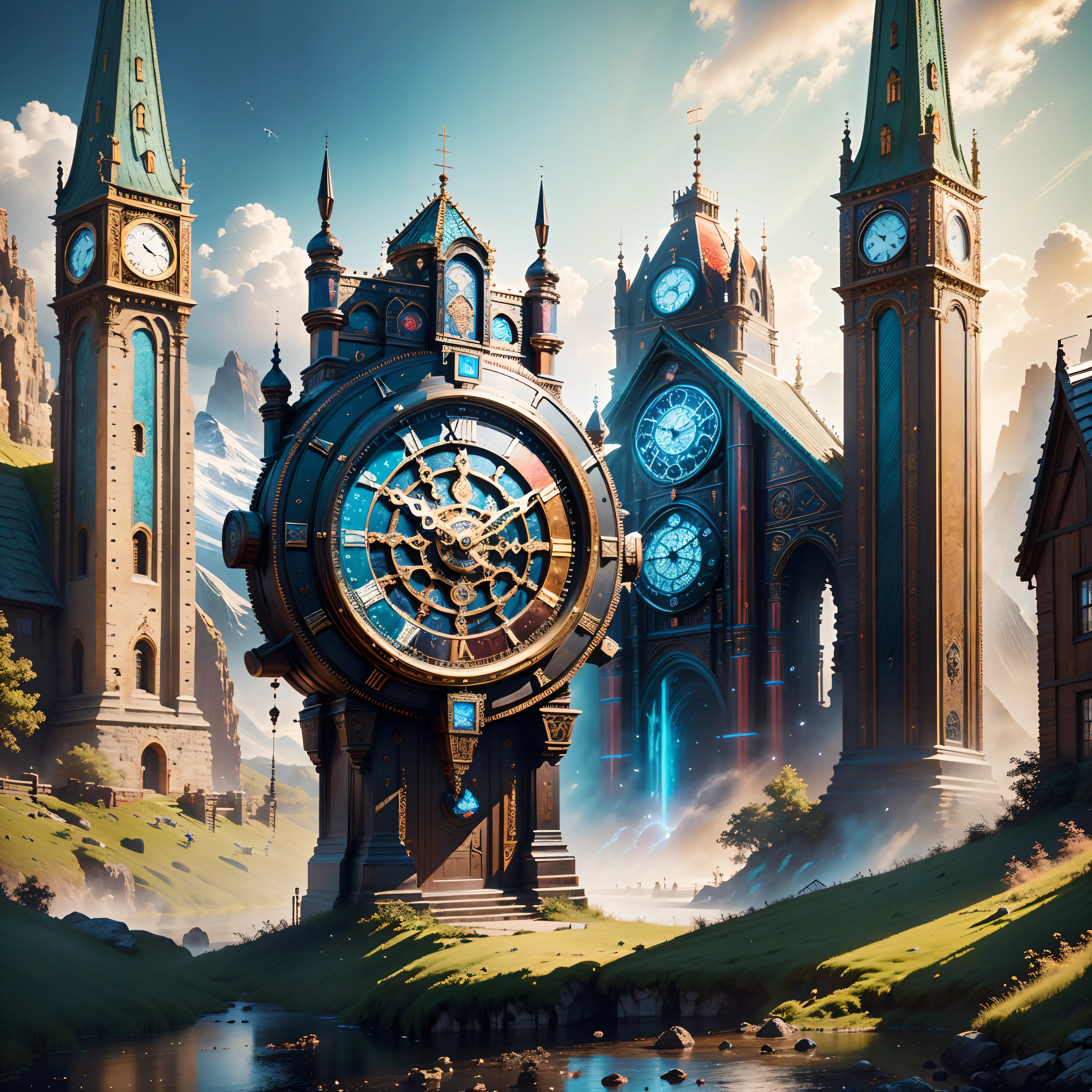 (best quality,8k,highres,masterpiece:1.2),ultra-detailed,concept art,vibrant colors,hyper-realistic,accurate anatomy,extremely detailed,award-winning,high-resolution,bokeh,fantasy,Asgaard,the giant clock of Asgaard,the clock gate of the gods in Norse mythology,Asgaard clock
