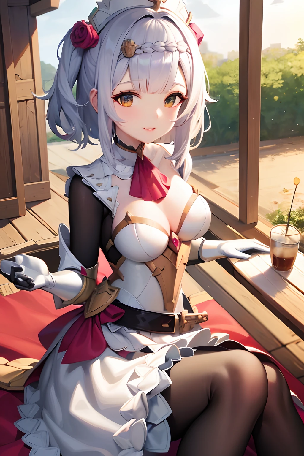 masterpiece, best quality, 4k,1girl, solo, armor, noelle \(genshin impact\), looking at viewer, smile, , mature female, parted lips, hair ornament, bangs, detailed background, 	coffee house