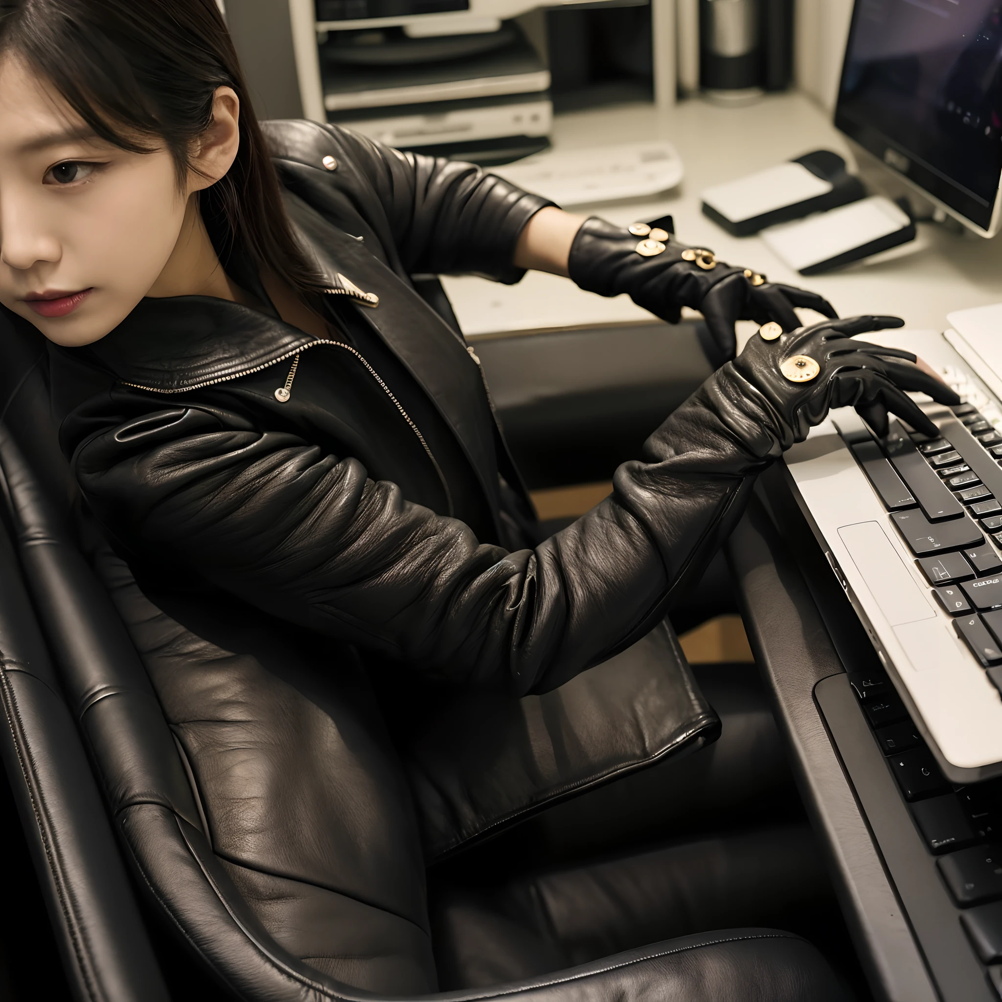 Black leather rider's jacket, Office in the Dark, With the fingertips of the black leather gloves of both hands while looking at the screen、Tapping the keys on the keyboard of a black laptop on a desk,Sitting on a black leather chair、 Japan Female New Employees (Black leather gloves cover both hands) (The angle is sideways)、Black Leather Skinny Pants、Black leather long boots、Black hair ponytail ((He wears black leather gloves on both hands))