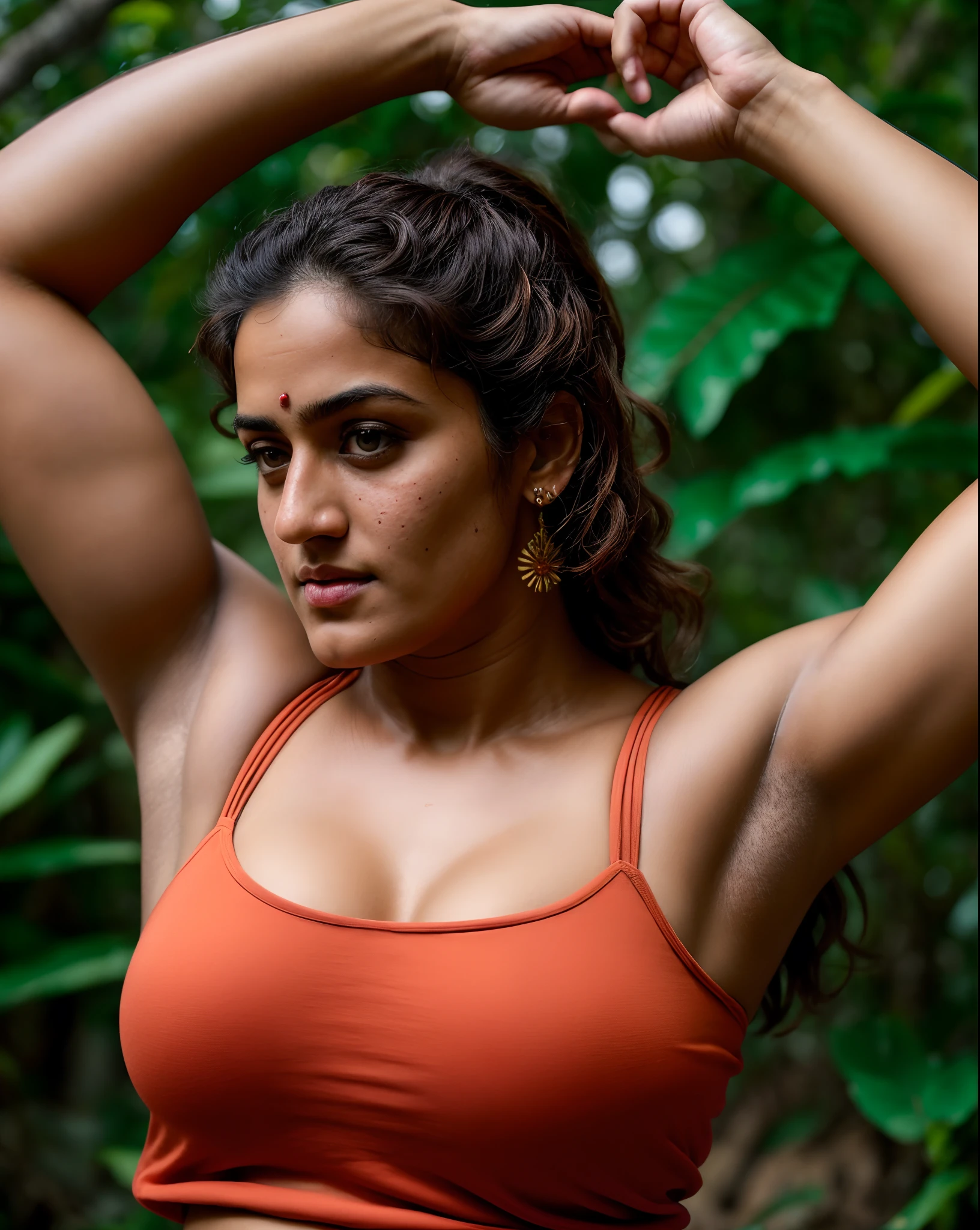 Face of PV Sindhu and Tapsee Pannu, perfect thick dusky Beauty, dynamic lighting, detailed hairy armpits, super hot cop, mascular Woman doing exercise, cinematic Lightning, Highest quality, (dramatic lighting:0.7), masterpiece, high angle shot, perky breast, big tight breast, RAW photo of (pale 45 year old military Special Force woman with short hair, mascular woman with heavy physique, looking up at the viewer), cute, Extremely sweat, (wearing sleeveless 
square neck vest, thin cotton ), doing free hand excercise in a military camp in jungle, portrait, perfect face, alluring eyes, vivid detail, (highly detailed skin), freckles, sfw, (blue tint:0.6), (dirty:0.8), (bloody:0.7), key lighting, (backlighting:0.5), medium depth of field, photographed on a Canon 5D, 50mm lens, F/4 aperture, (hyperdetailed, intricate details), sharp focus, muted colors, 8k, absurdres, 8mm film grain, war photography, perfect eyes, detailed eyes,