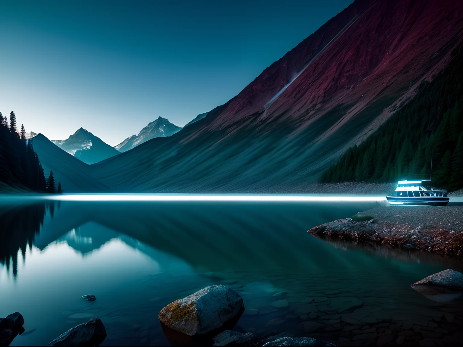 Cinematic Still, long exposure photography of a boat on a lake, in an ethereal mountain landscape, taken by Fujifilm Velvia, lit with tranquil teal and midnight blue lights, by Doug Chinnery