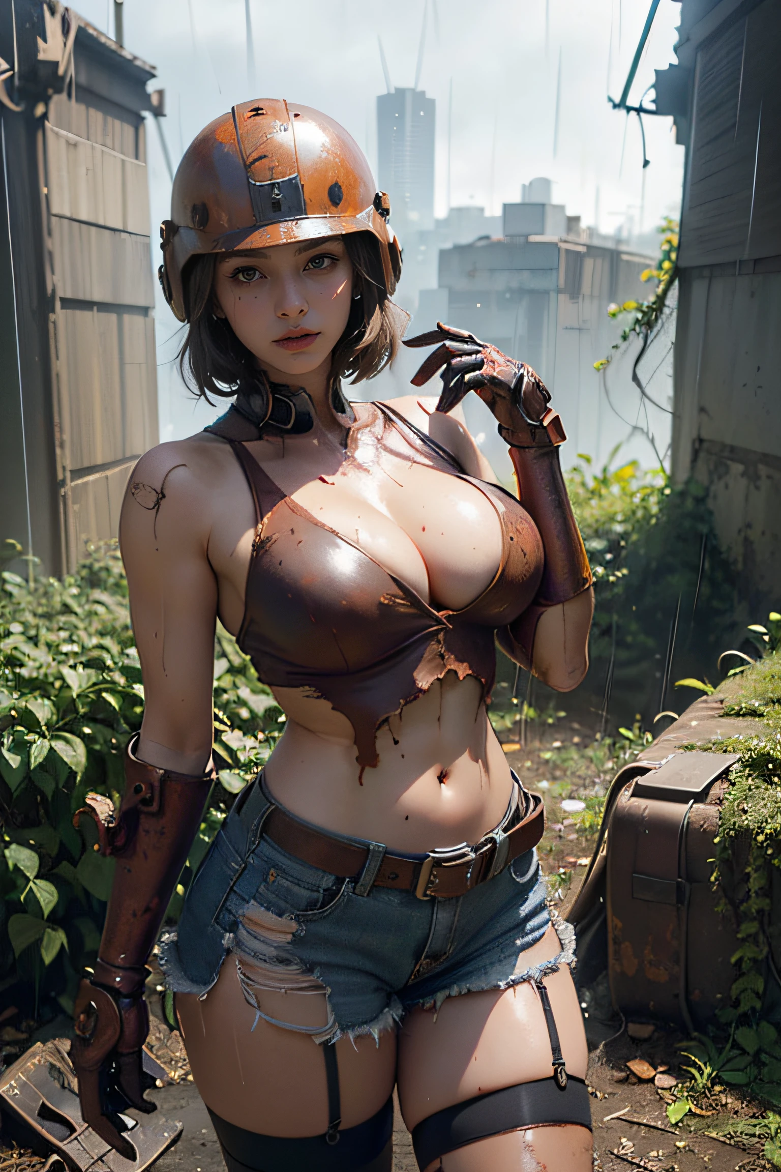 (Ultra-detailed, 8K, Raw photo, Best Quality, masutepiece:1.2), high-definition RAW color photography, professional photograpy, ((cowboy shot)), (wet body),(upper body:1.4) (Realistic, photographrealistic:1.37), (finerly detailed face:1.2),((dark theme)),(((midnight))), (masutepiece:1.5), (Best Quality:1.2),(dark_skin), ((slender)),looking at viewer, (Narrow waist), muscular, (large breasts:1.8), (1 half mechanical girl),(Solo), (Short Bob Multicolor Hair) ,(dieselpunk:1.5),action,(Metal prosthesis:1.4), (Rusty Robotic Arm:1.5),(Navel), (Glowing metal parts:1.4),(Fine scratches on the surface:1.4),(Contrasty:1.2),(Weathering:1.4),(Aging:1.6), (zettai ryouiki:1.5), (Very short leather vest),(Ripped_Short_Shorts:1.3),(Ripped_leather tank top:1.3),( Line:1.5)(Abs:1.25),cleavage,
Wearing ((Rusted and damaged helmet:1.4)), Looking away, Damaged combat uniform, Damage to the flight jacket, Leather damage during wear, eye wear, (All the joints of the android's body are made of gears.),(Lots of ruins:1.3),(decline, Overgrown with ivy,A half-destroyed building overgrown with mossy broken window glass:1.2),(Drip the oil, 3 Dirt on the floor),(Lots of waste:1.2),(Rusty, broken, old machinery and vehicles), (Heavy_Rain:1.4),(((Midnight,darkness))),
panoramic photo, Wide-angle view, Immersive landscapes, Stunning views, Vast Scene, Visual depth, breathtaking perspectives,