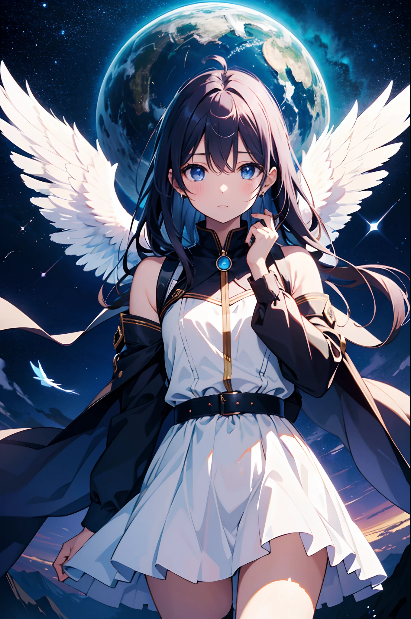 absurderes、hight resolution、(Official Art、Beautifully Aesthetic:1.2)、Close View、
1girl, shining sky, Vast world, gaze, awe-inspiring expression, Distant horizon, 云, High hills, natural beauty, inspiration, nigh sky, Shining stars,Angel wings、angelicales、Circle of Angels