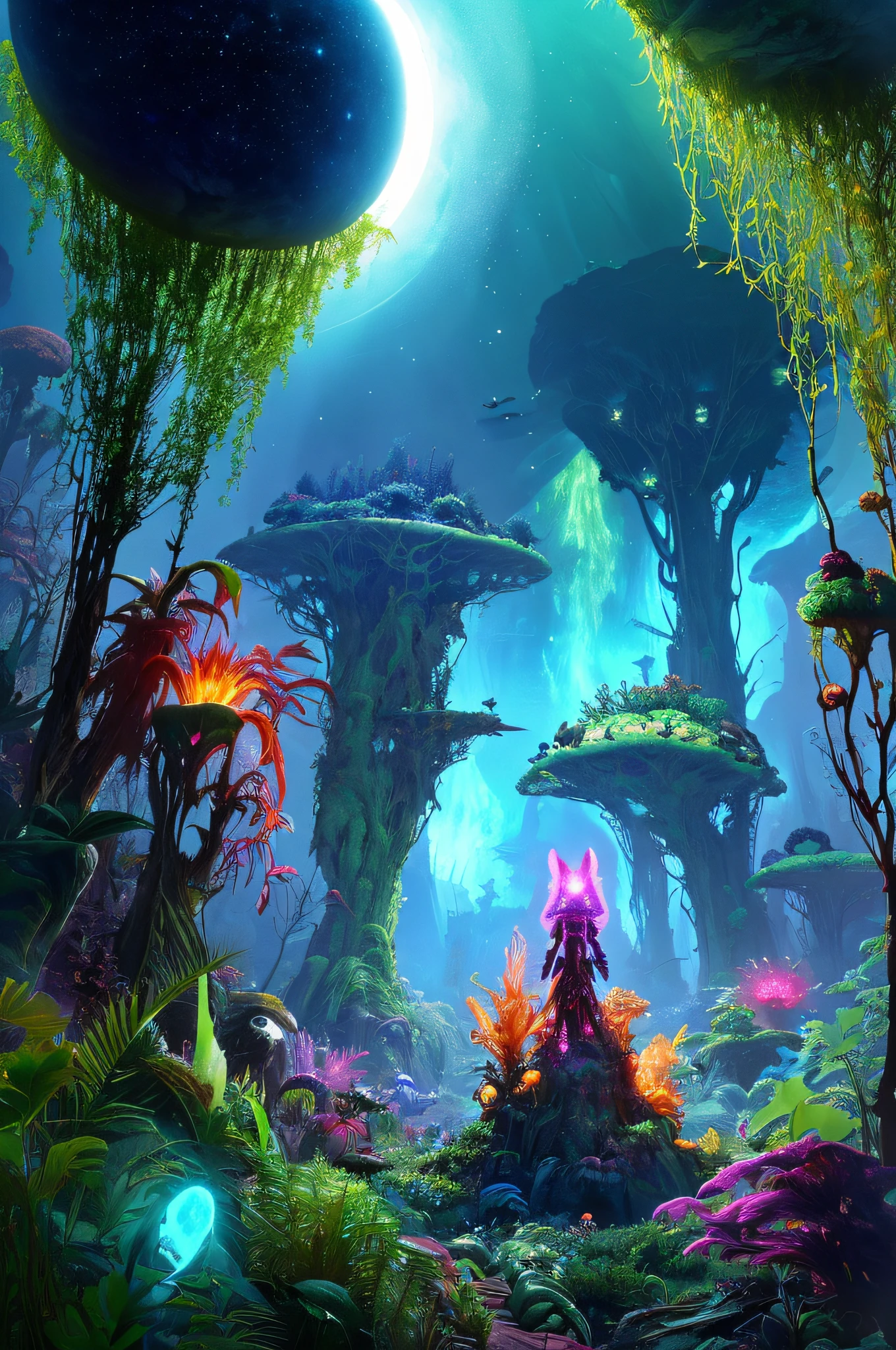 1. Things: Luminous plants, peculiar and diverse creatures, an otherworldly landscape extending, forming an unknown ecosystem. 2. Location: Spread across a planet beyond the Milky Way, an unknown habitat filled with luminous plants and peculiar creatures. 3. Condition: Plants emitting a variety of radiant colors, coexisting with bizarre forms of otherworldly creatures. The habitat is brimming with vitality, surrounded by a mysterious ambiance. 4. Theme Style: Fantastical and scientific, themed around unknown life, expressed through digital art emphasizing light and color.