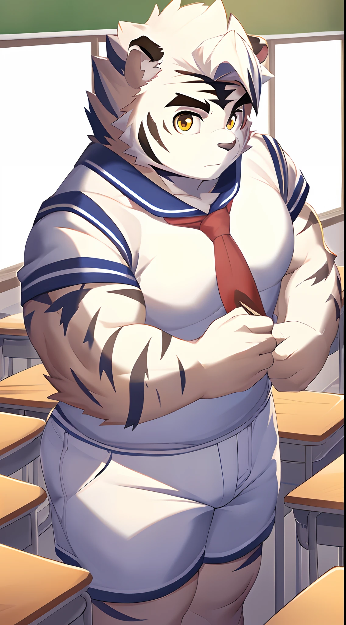 Hominidae, Pose for Camera. 4K, high resolution, Best quality, posted on e621, (Anthropomorphic white tiger:1.2), male people, 20yr old, Thick eyebrows, Light blue stripes, Ultra-short hair, shaggy, Strong body, large pecs, ((White tight school uniform)), He was in class, Golden pupils, Light blue skinny shorts, Small raised, In the classroom, 独奏, writing, (Muscular, Heavyweight:1.2), Correct anatomy, (by Chunie, author：Taran Fidler:0.8), (Detailed eyes:1.2), Sexy, (cel-shaded:1.2), cartoon shading, Serious expression, Be red in the face, (view the viewer:1.2), white backgrounid