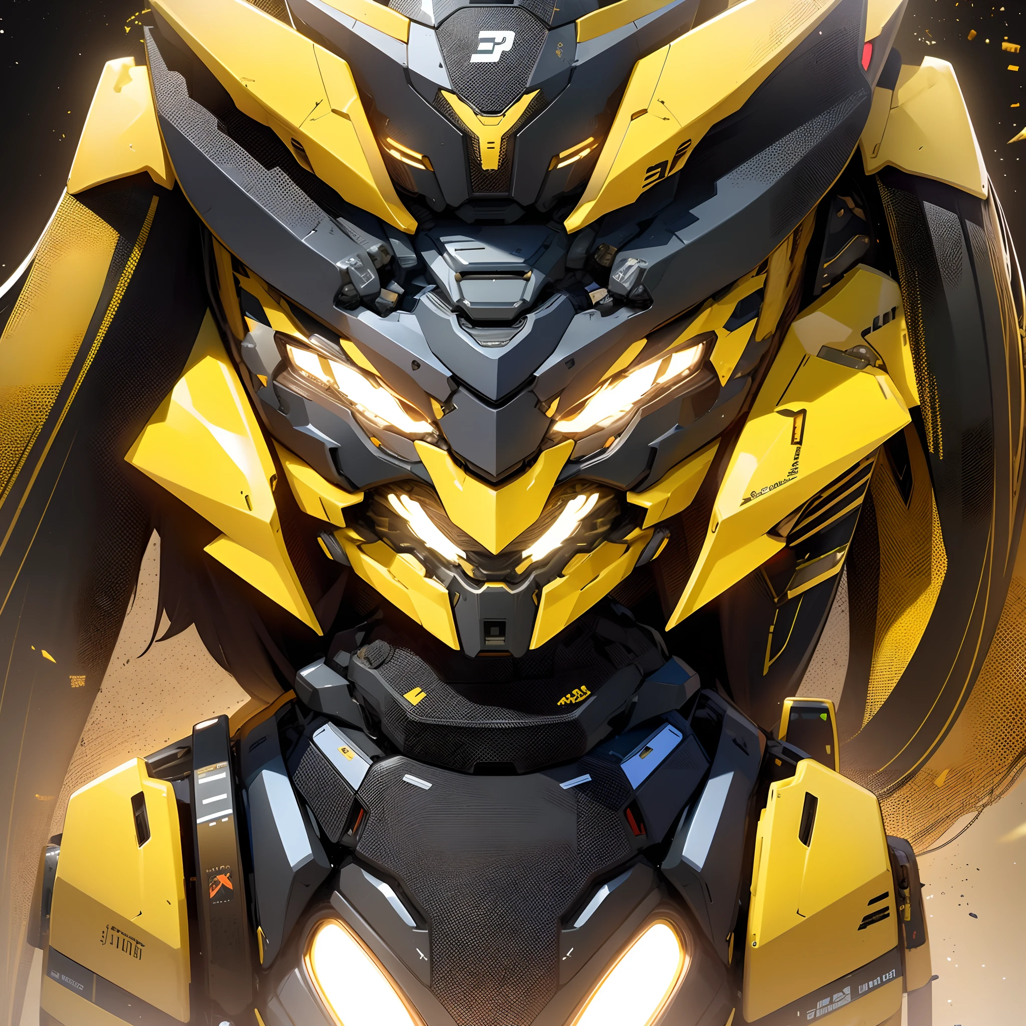 character chart，close-up；[ Amazing | astounding | delicated ]Transformers丨Bumblebee，head portrait，glowing light eyes。Yellow and black color scheme；Bust，Left-right symmetrical composition，The front of the main body is centered；Mechanical background（Machinary，electrical wires，microtubule），sci-fy；Ultra-clear image quality，32K，long-focus。